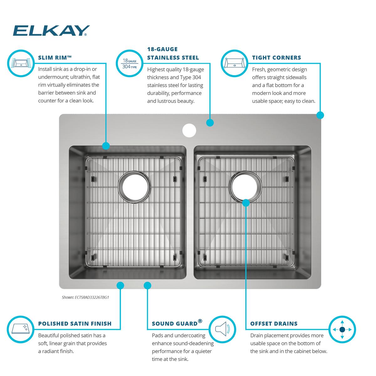 Elkay Crosstown 33" Dual Mount Stainless Steel ADA Kitchen Sink Kit, 50/50 Double Bowl, Polished Satin, No Faucet Hole, ECTSRAD33226TBG0