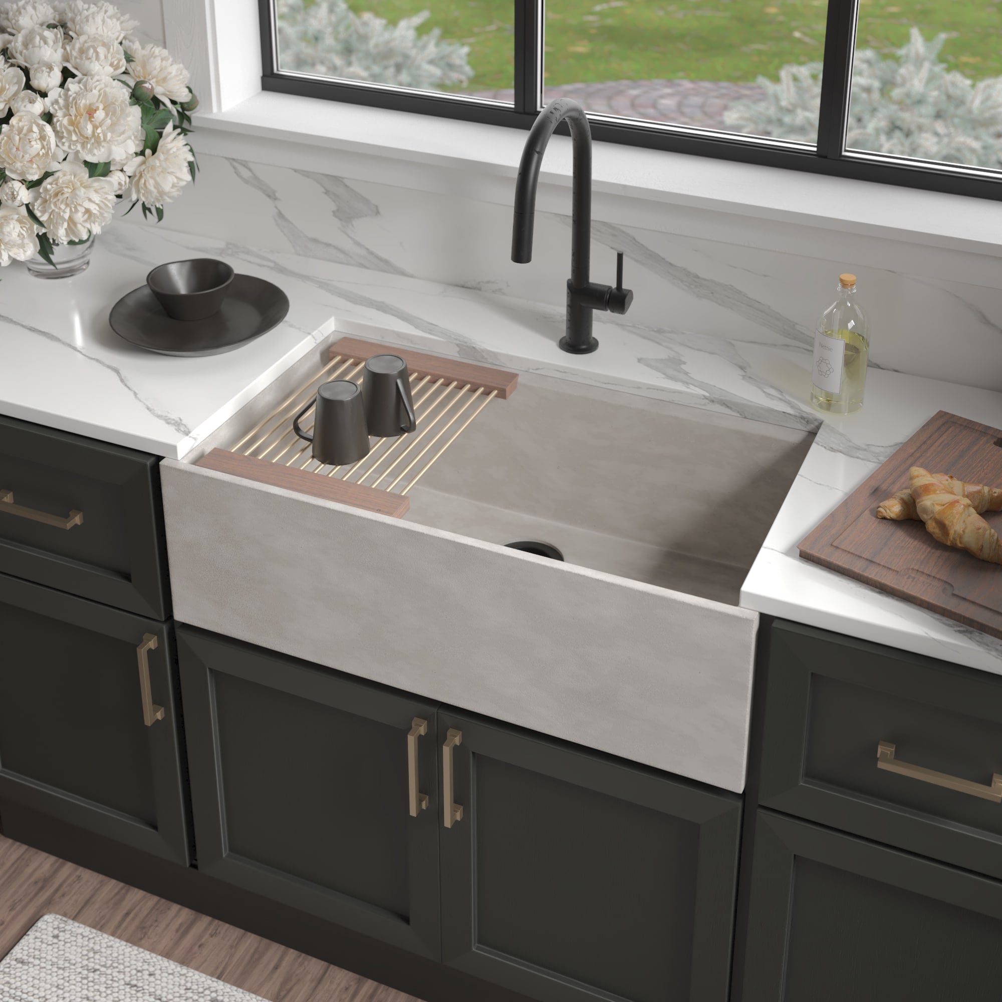 Native Trails Concierge 33" NativeStone Concrete Workstation Farmhouse Kitchen Sink, Ash, NSKG3318-A