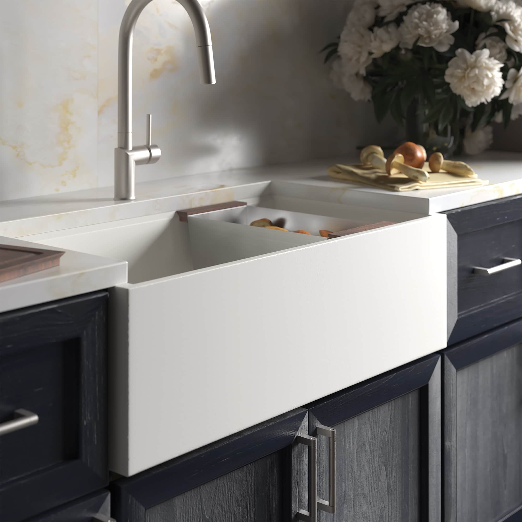 Native Trails Concierge 33" NativeStone Concrete Workstation Farmhouse Kitchen Sink, Pearl, NSKG3318-P