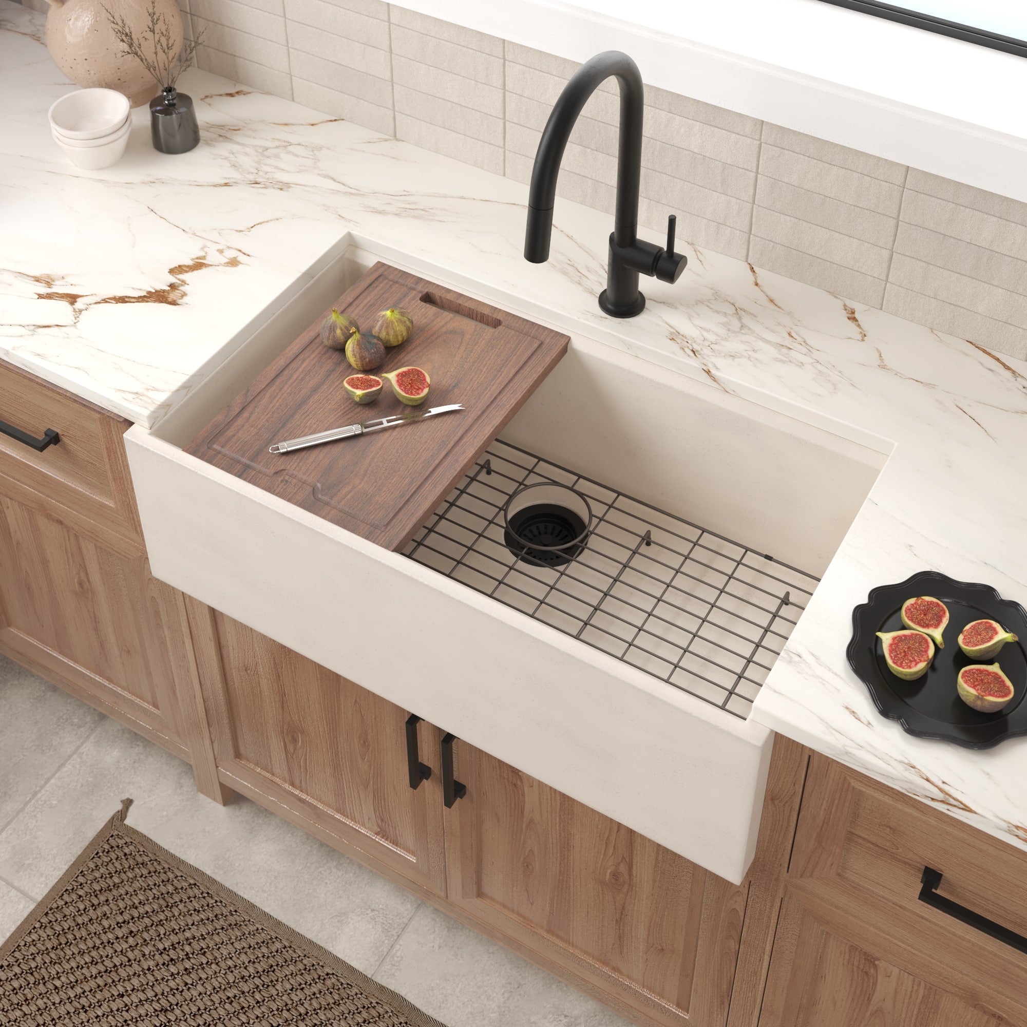 Native Trails Concierge 33" NativeStone Concrete Workstation Farmhouse Kitchen Sink, Sand, NSKG3318-D