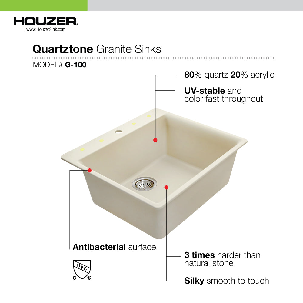 Houzer Quartztone 24 inch Midnite Granite Composite Drop-in Topmount Single Bowl Kitchen Sink - G-100 MIDNITE