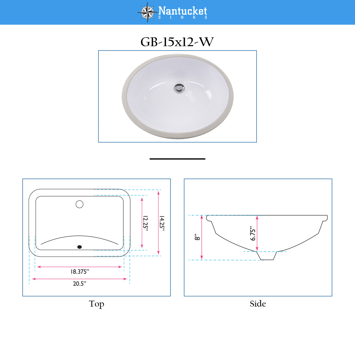 Nantucket Sinks Great Point 17" Ceramic Bathroom Sink, White, GB-15x12-W