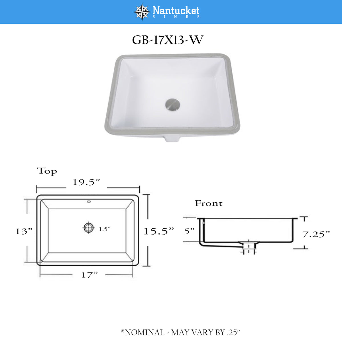Nantucket Sinks Great Point 20" Ceramic Bathroom Sink, White, GB-17x13-W