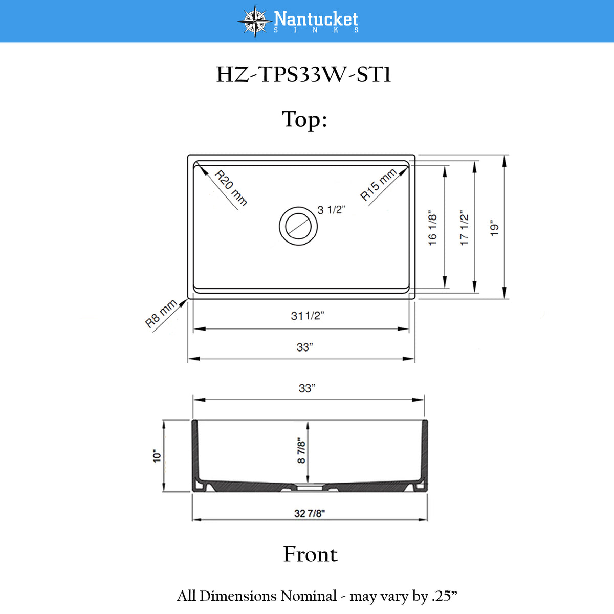 Nantucket Sinks Cape 33" Fireclay Farmhouse Sink with Accessories, White, HZ-TPS33W-ST1