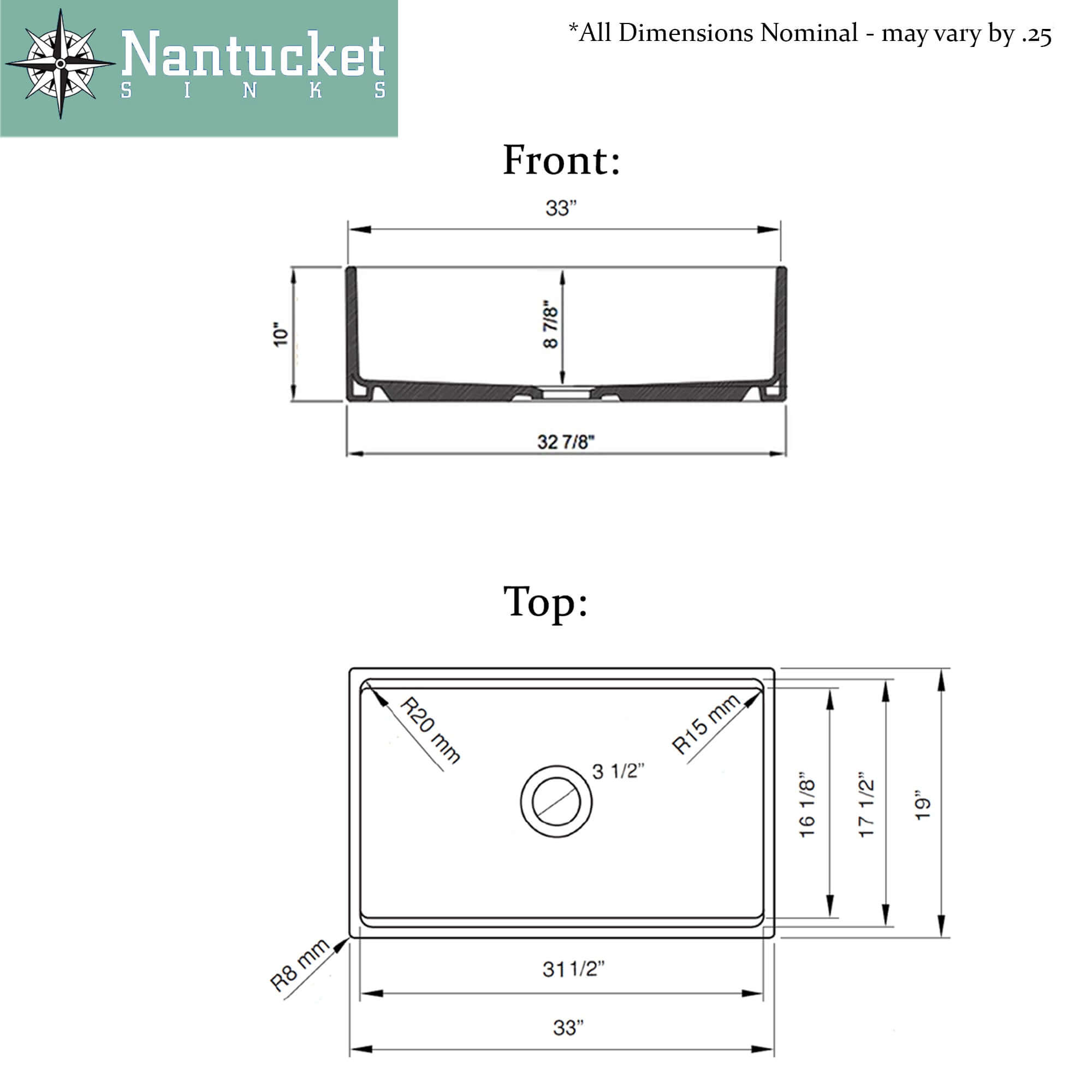 Nantucket Sinks Cape 33" Fireclay Farmhouse Sink with Accessories, White, HZ-TPS33W-ST1