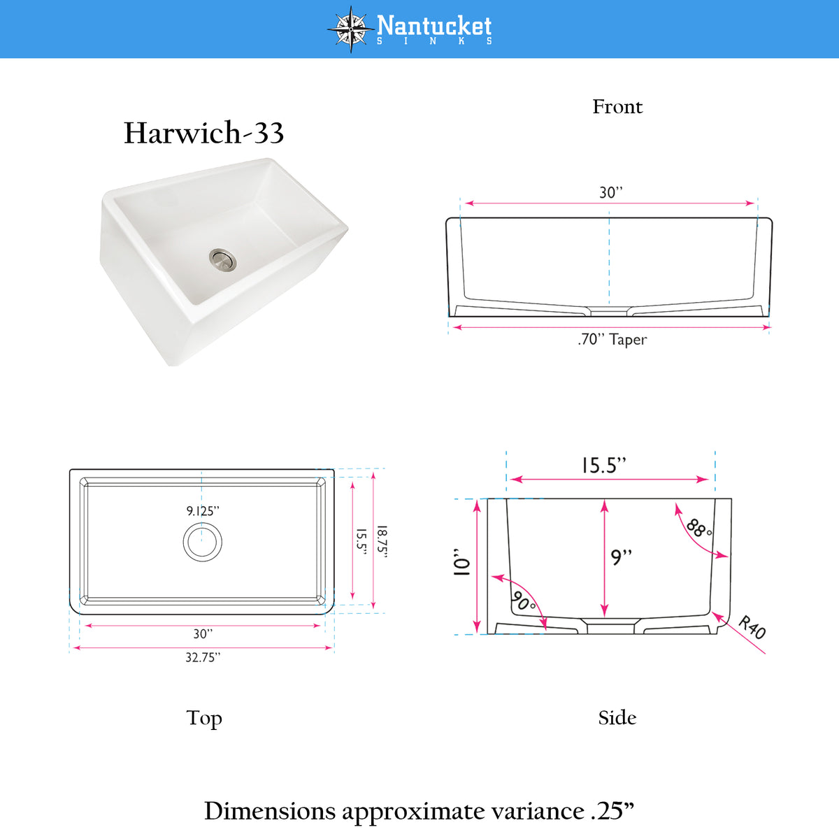 Nantucket Sinks Cape 33" Fireclay Farmhouse Sink, White, Harwich-33