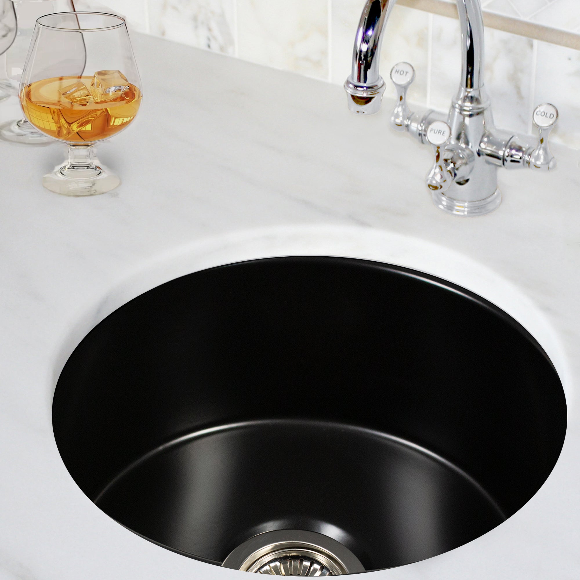 Nantucket Sinks Cape 18" Round Fireclay Bar/Prep Sink with Accessories, Matte Black, Hyannis-18MB