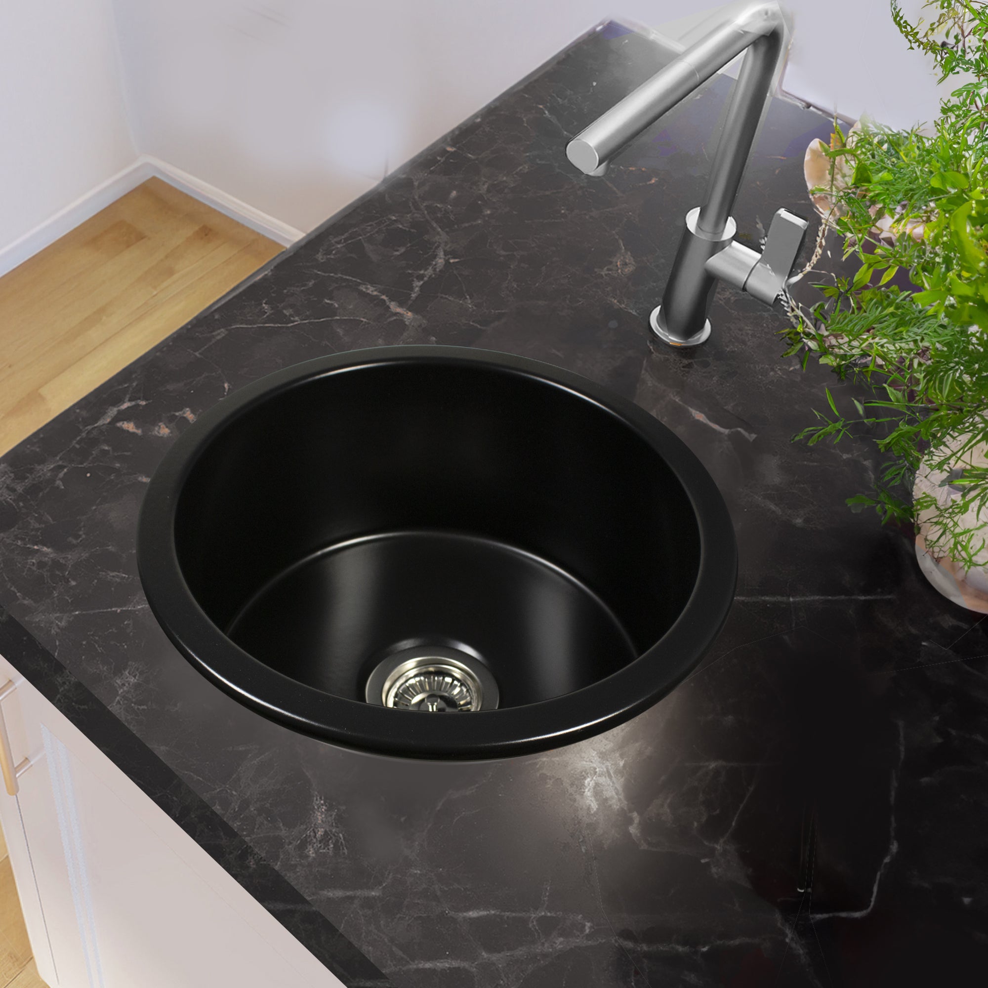Nantucket Sinks Cape 18" Round Fireclay Bar/Prep Sink with Accessories, Matte Black, Hyannis-18MB
