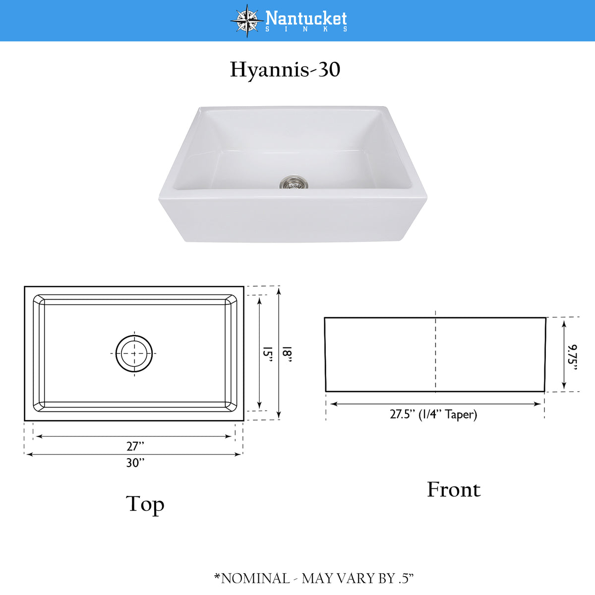 Nantucket Sinks Cape 30" Fireclay Farmhouse Sink, White, Hyannis-30