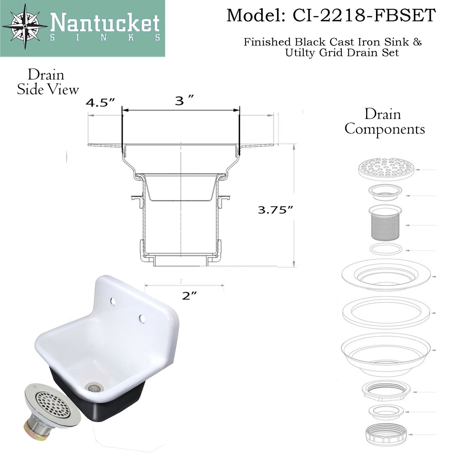 Nantucket Sinks Anchor 22" Wallmount Cast Iron Utility Sink with Accessories, White/Black, CI-2218-FBSET