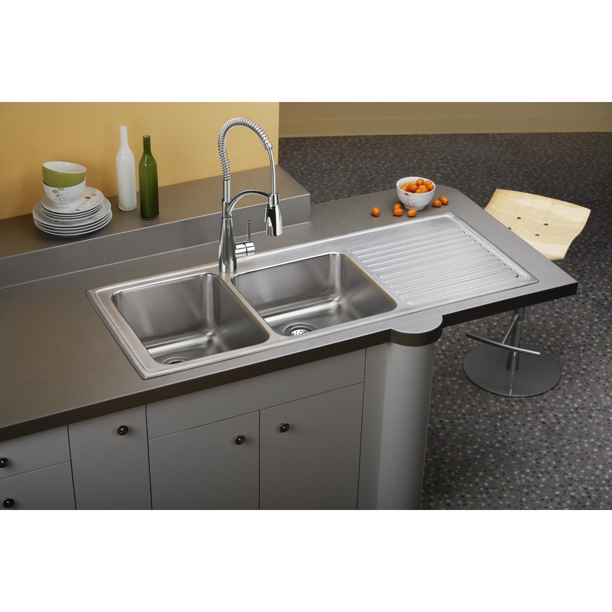 Elkay Lustertone Classic 54" Drop In/Topmount Stainless Steel Kitchen Sink, 60/40 Double Bowl, Lustrous Satin, Includes Drainboard, 1 Faucet Hole, ILGR5422L1