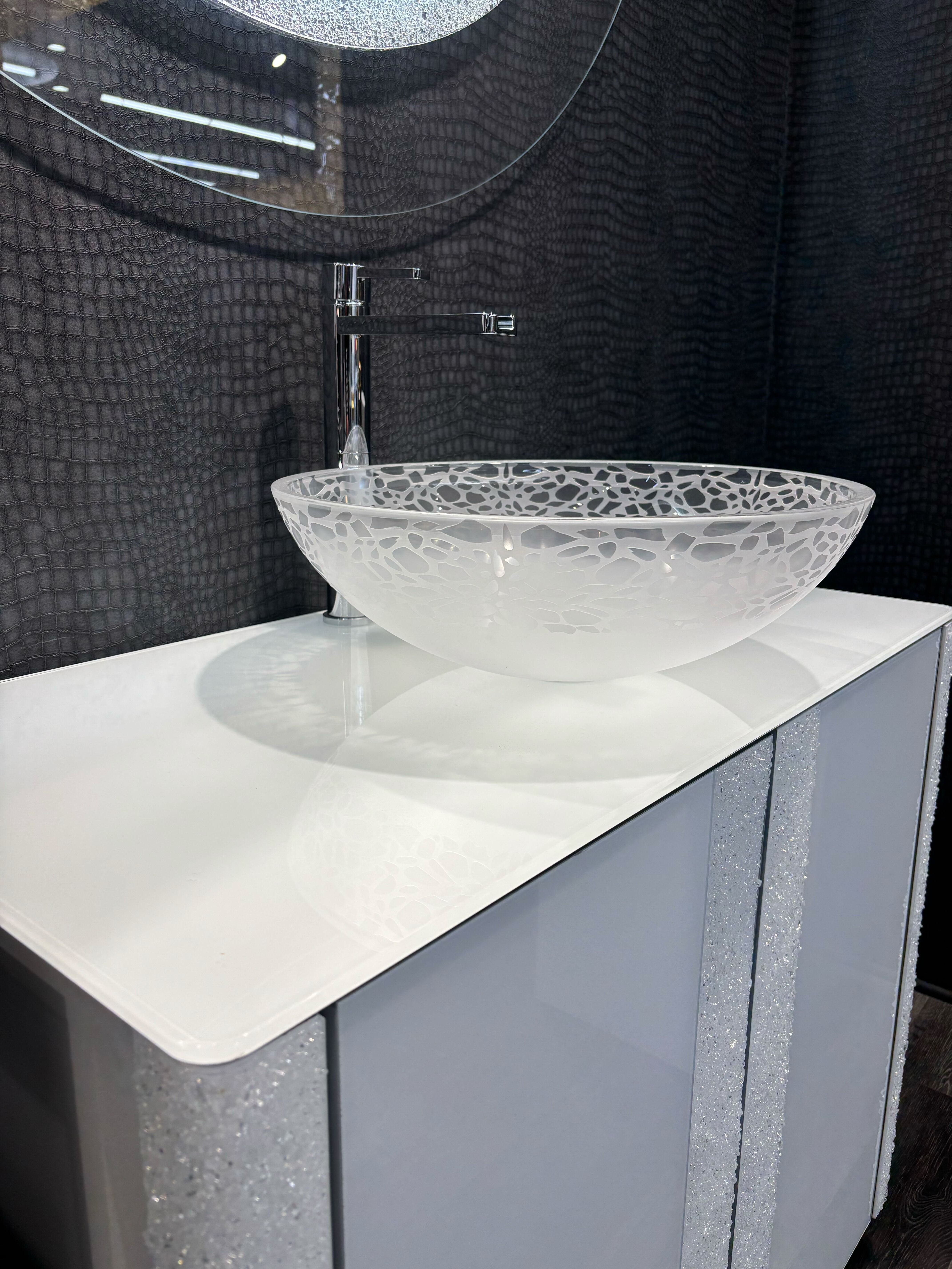 MaestroBath 17" Camelia Luxury Crystal ADA Oval Bathroom Sink, Matte, Glass, Matt White, ATE-CAM-WHM