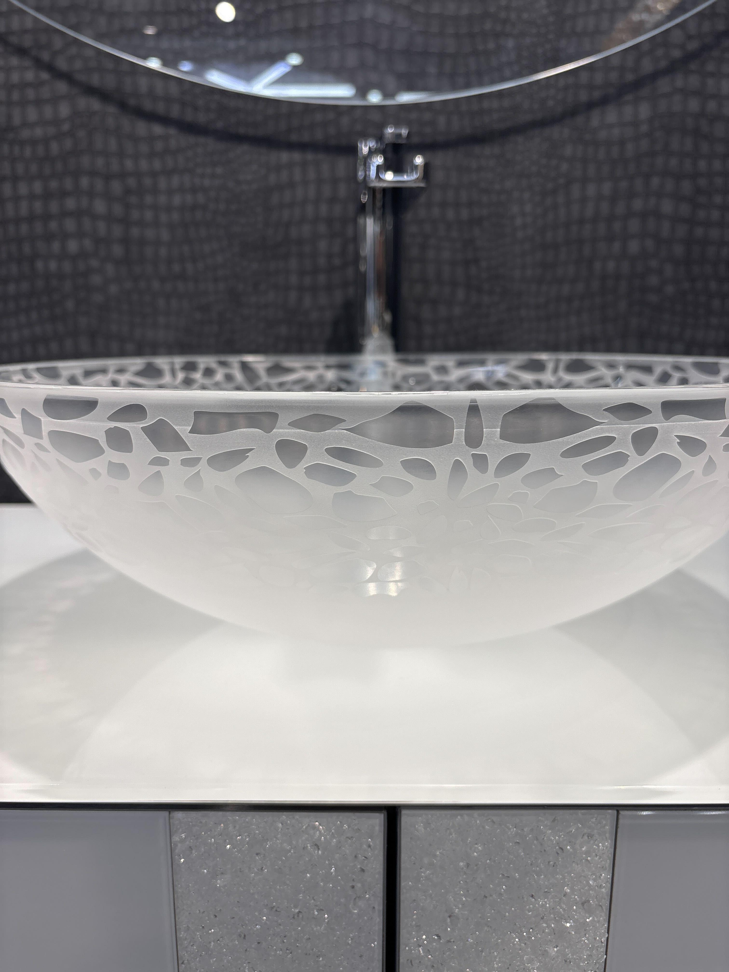 MaestroBath 17" Camelia Luxury Crystal ADA Oval Bathroom Sink, Matte, Glass, Matt White, ATE-CAM-WHM