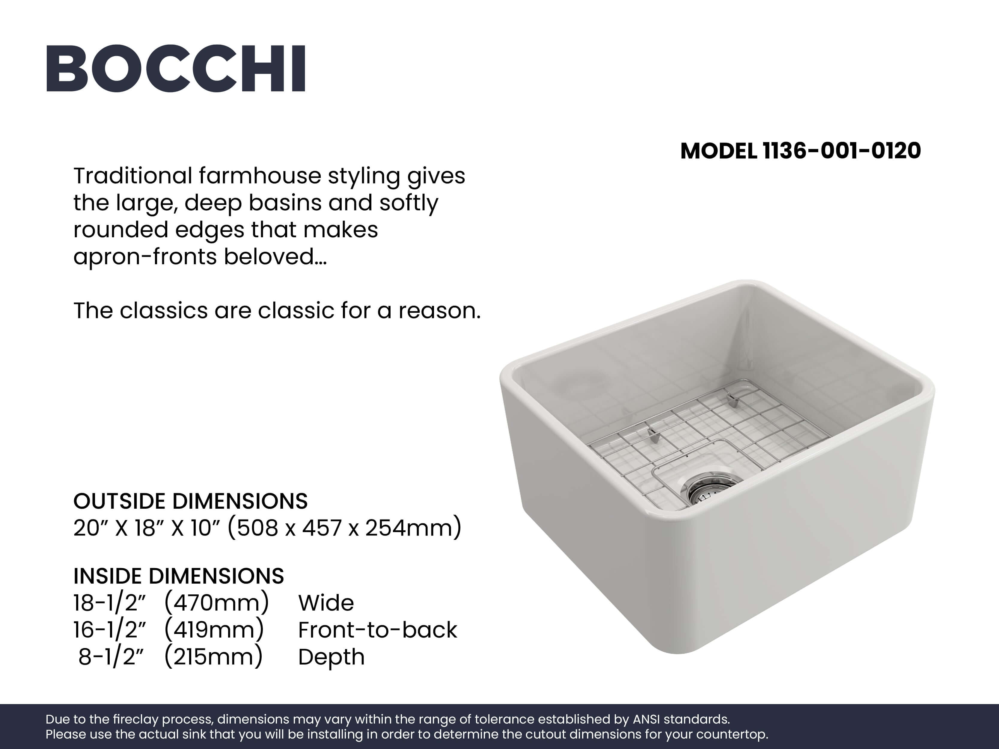 BOCCHI Classico 20" Fireclay Farmhouse Apron Single Bowl Kitchen Sink, White, 1136-001-0120