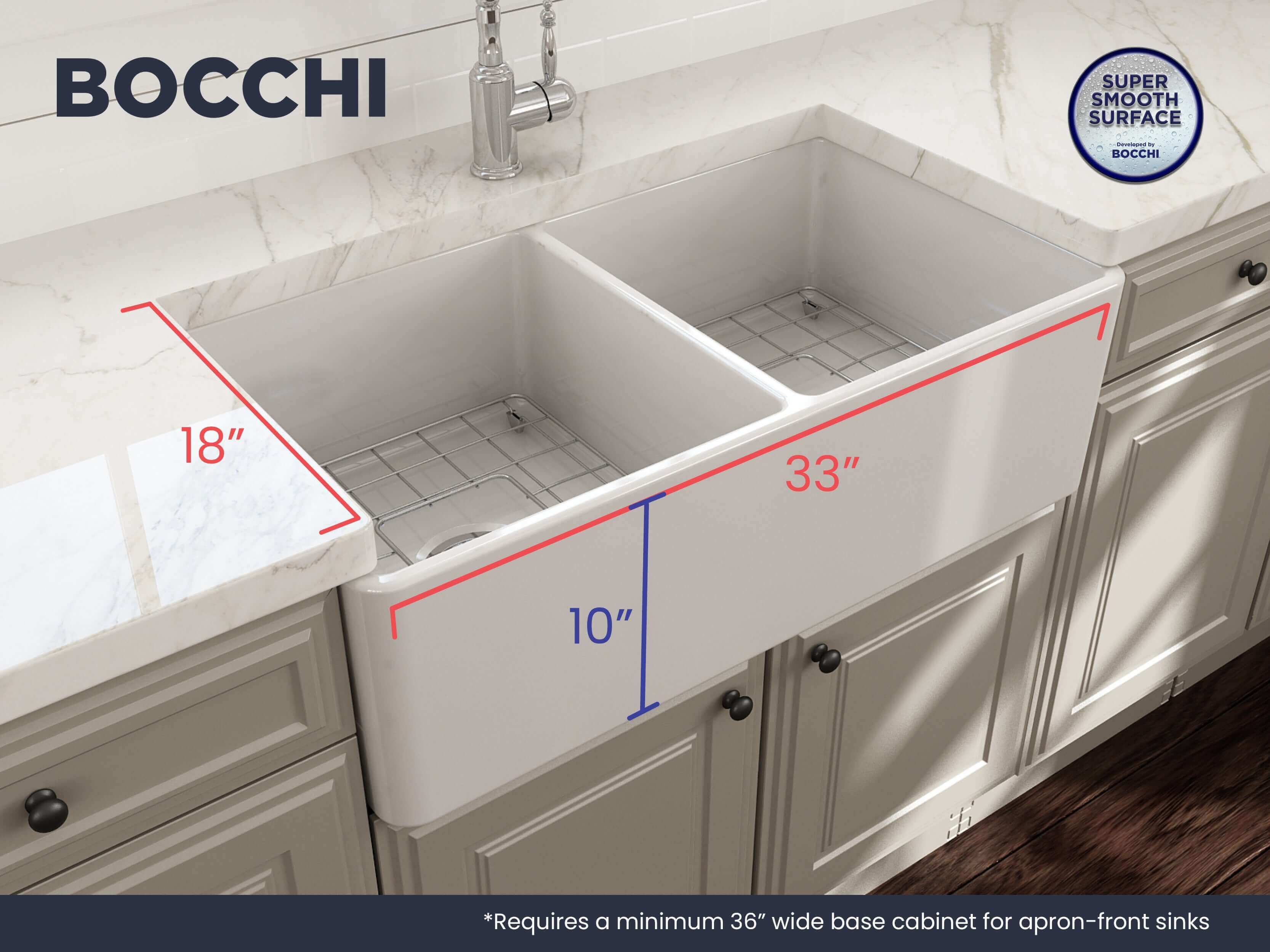 BOCCHI Classico 33" Fireclay Farmhouse Sink Kit with Faucet and Accessories, 50/50 Double Bowl, White (sink) / Chrome (faucet), 1139-001-2020CH