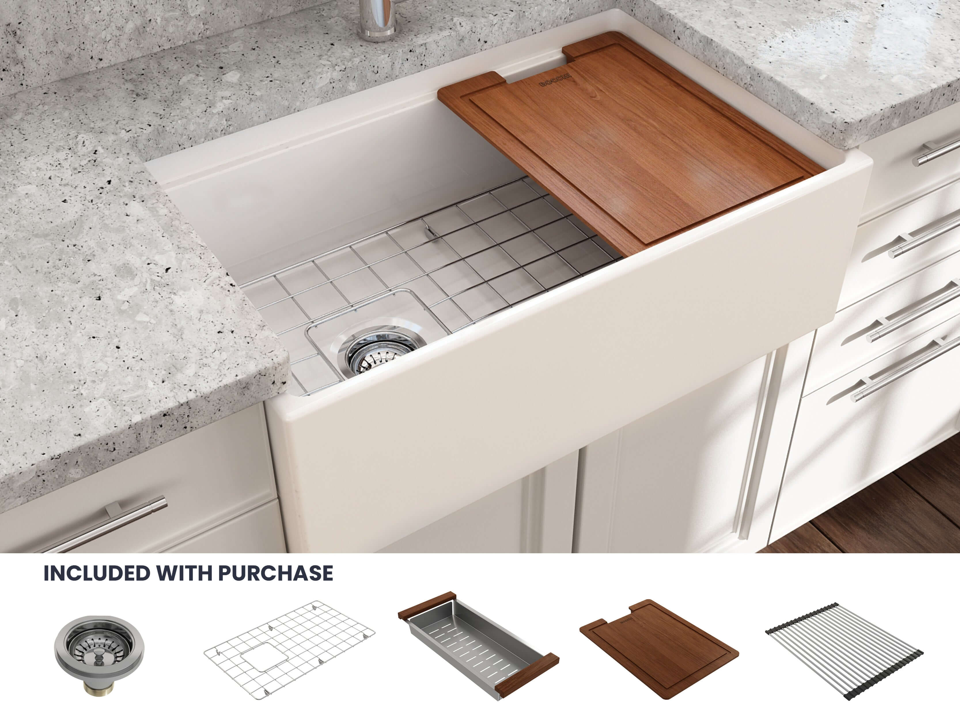 BOCCHI Contempo 30" Fireclay Workstation Farmhouse Sink with Accessories, White, 1344-001-0120
