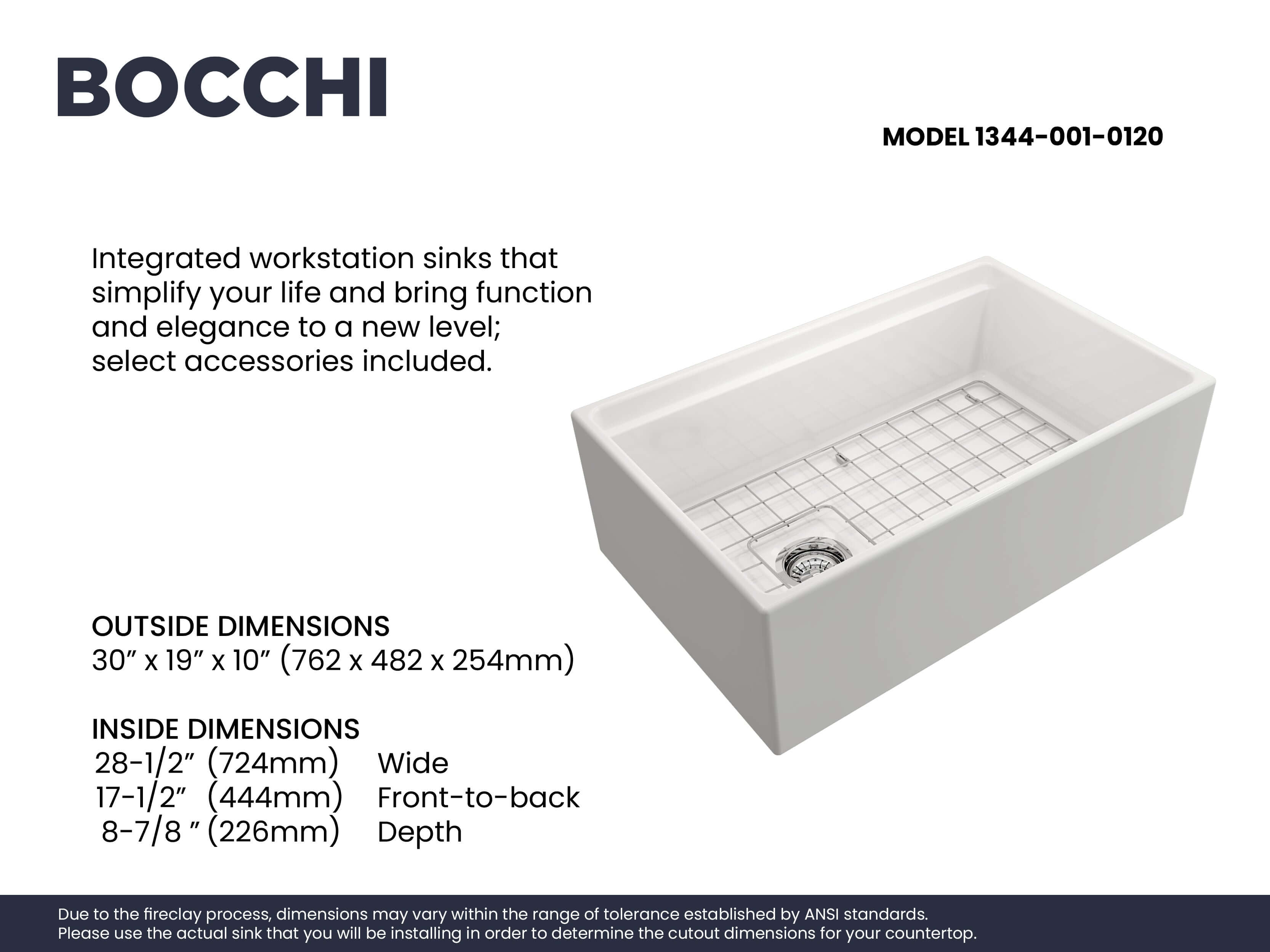 BOCCHI Contempo 30" Fireclay Workstation Farmhouse Sink with Accessories, White, 1344-001-0120