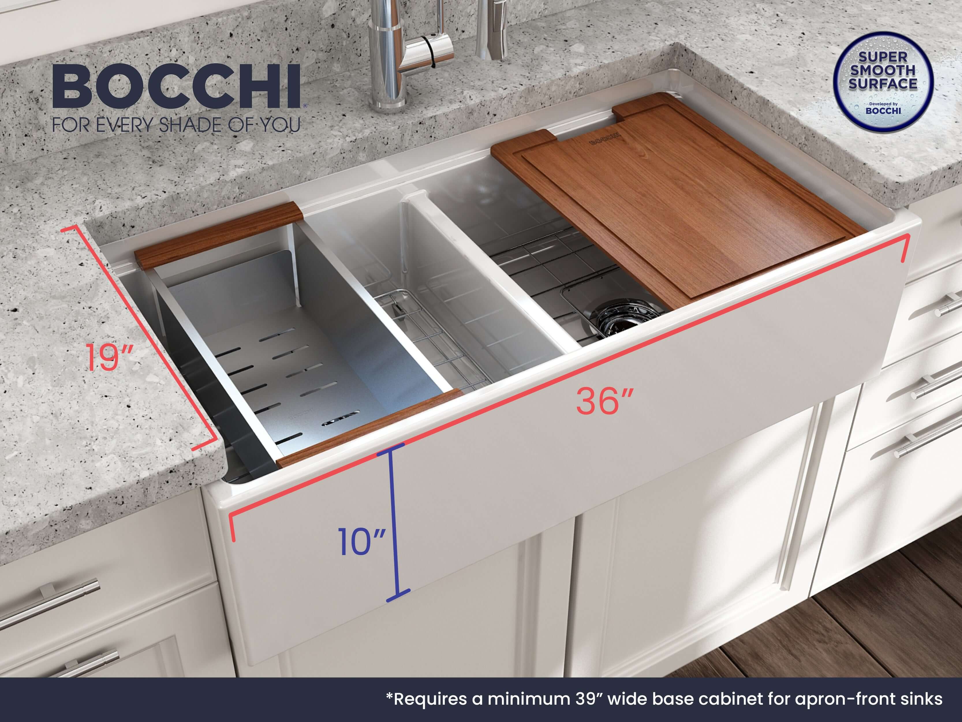 BOCCHI Contempo 36" Fireclay Workstation Farmhouse Sink with Accessories, 50/50 Double Bowl, White, 1348-001-0120