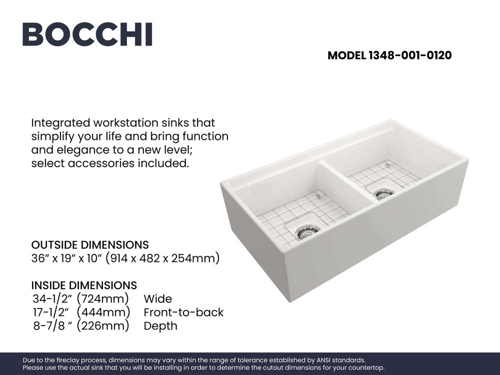 BOCCHI Contempo 36" White Fireclay Workstation Farmhouse Sink Kit with Stainless Steel Faucet and Accessories, 50/50 Double Bowl, 1348-001-2020SS