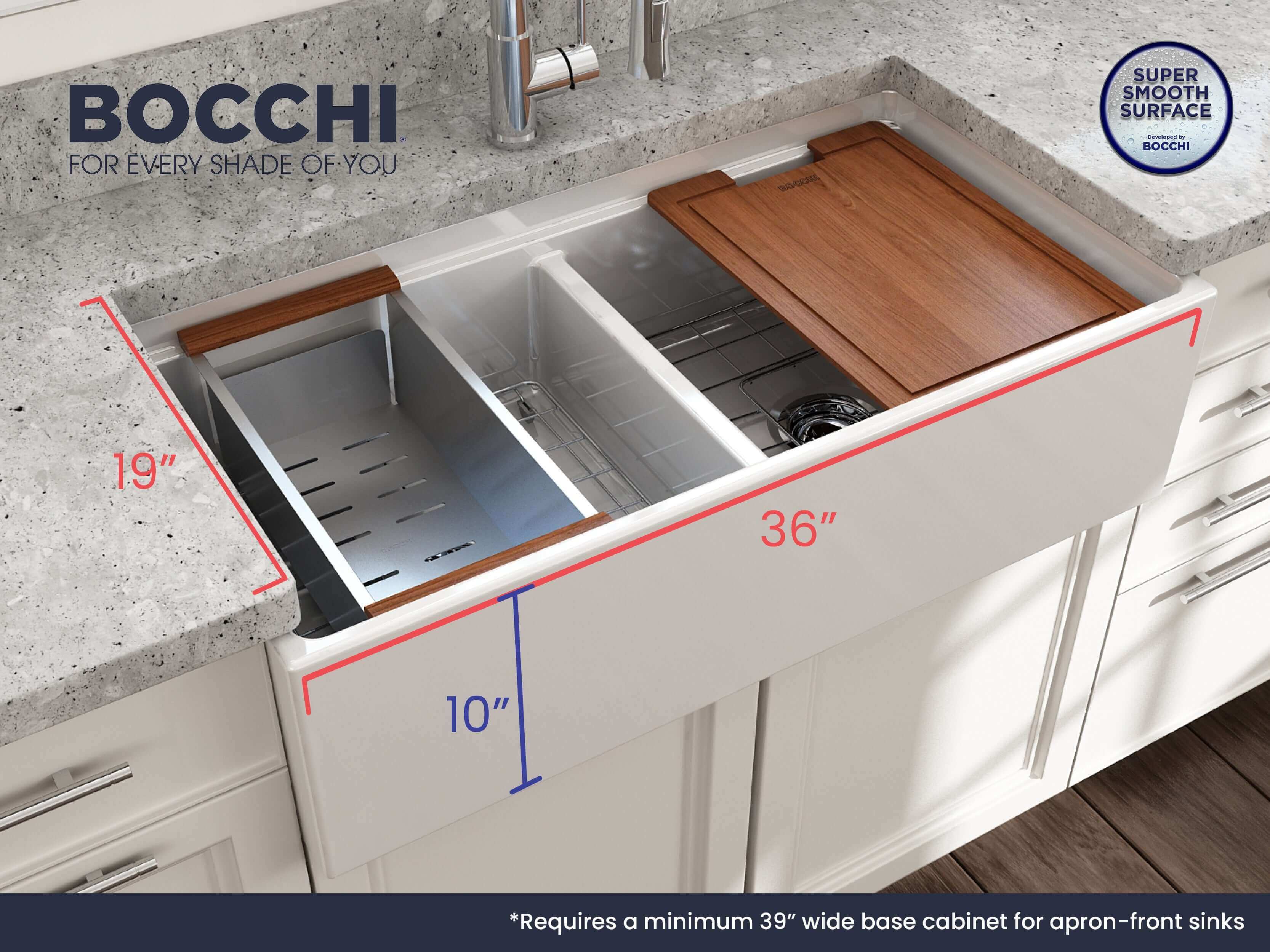 BOCCHI Contempo 36" White Fireclay Workstation Farmhouse Sink Kit with Chrome Faucet and Accessories, 50/50 Double Bowl, 1348-001-2020CH