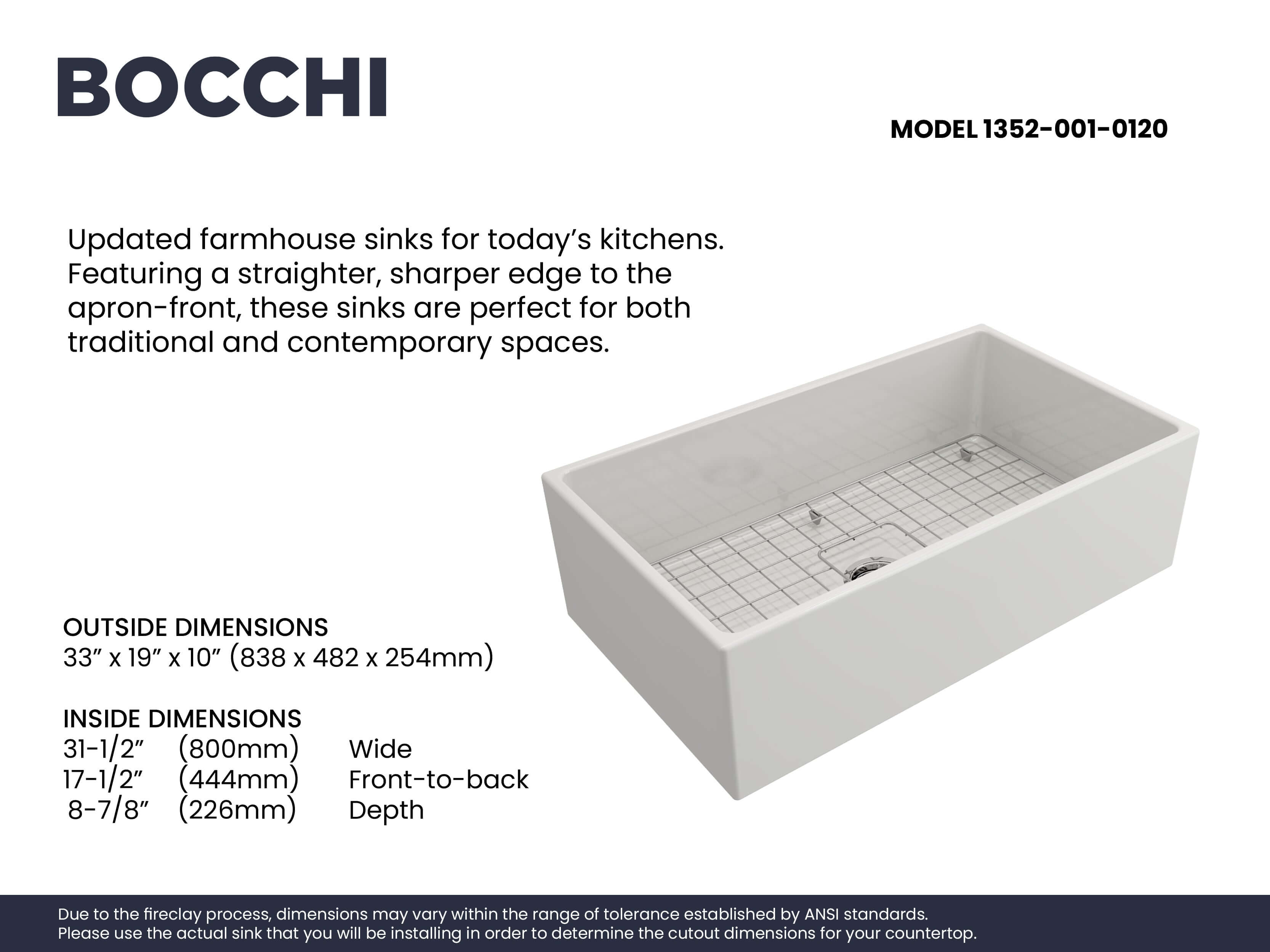 BOCCHI Contempo 33" Fireclay Farmhouse Kitchen Sink, White, 1352-001-0120