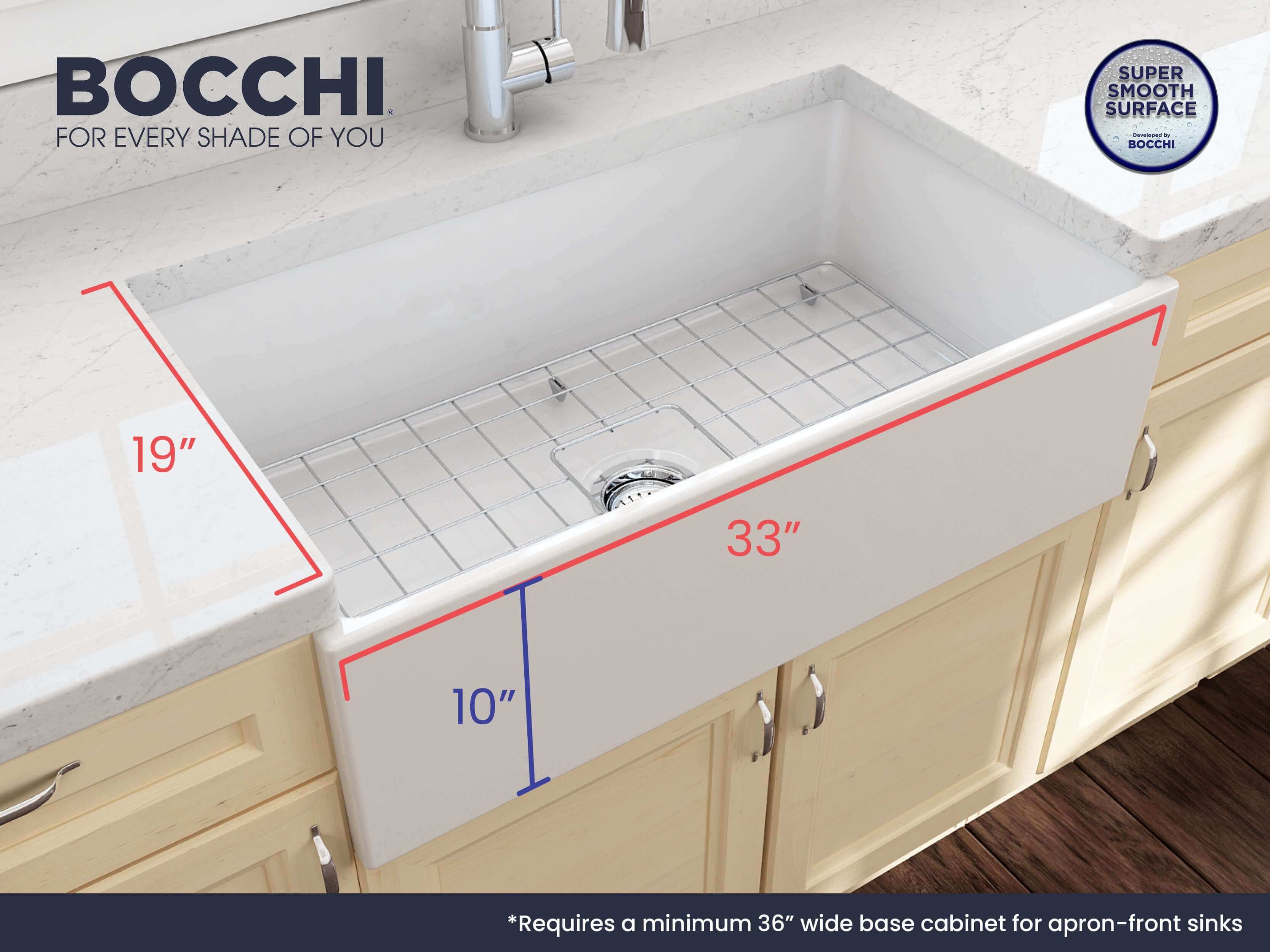 BOCCHI Contempo 33" Fireclay Farmhouse Sink Kit with Faucet and Accessories, White (sink) / Stainless Steel (faucet), 1352-001-2020SS