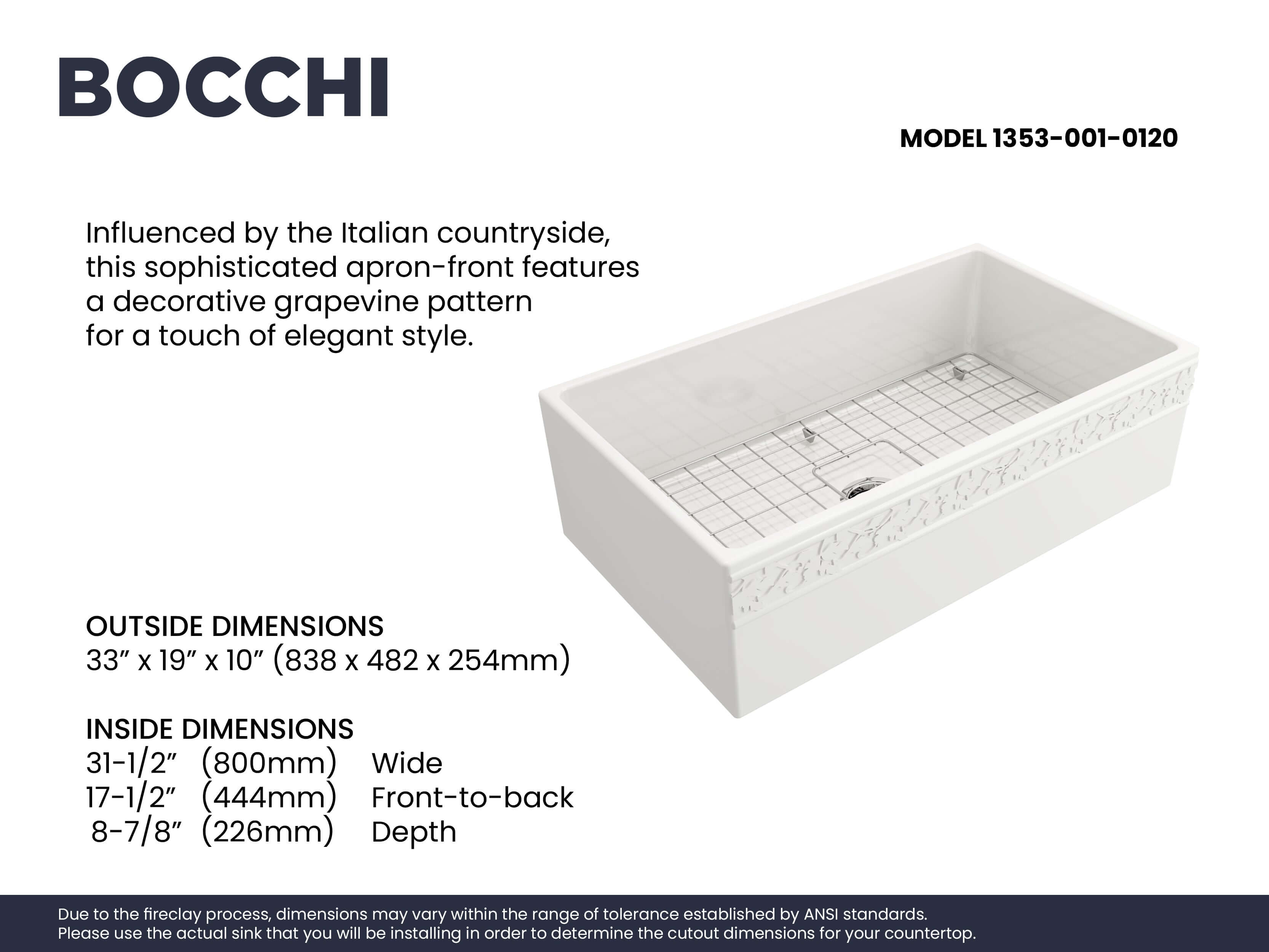 BOCCHI Vigneto 33" Fireclay Farmhouse Apron Single Bowl Kitchen Sink, White, 1353-001-0120