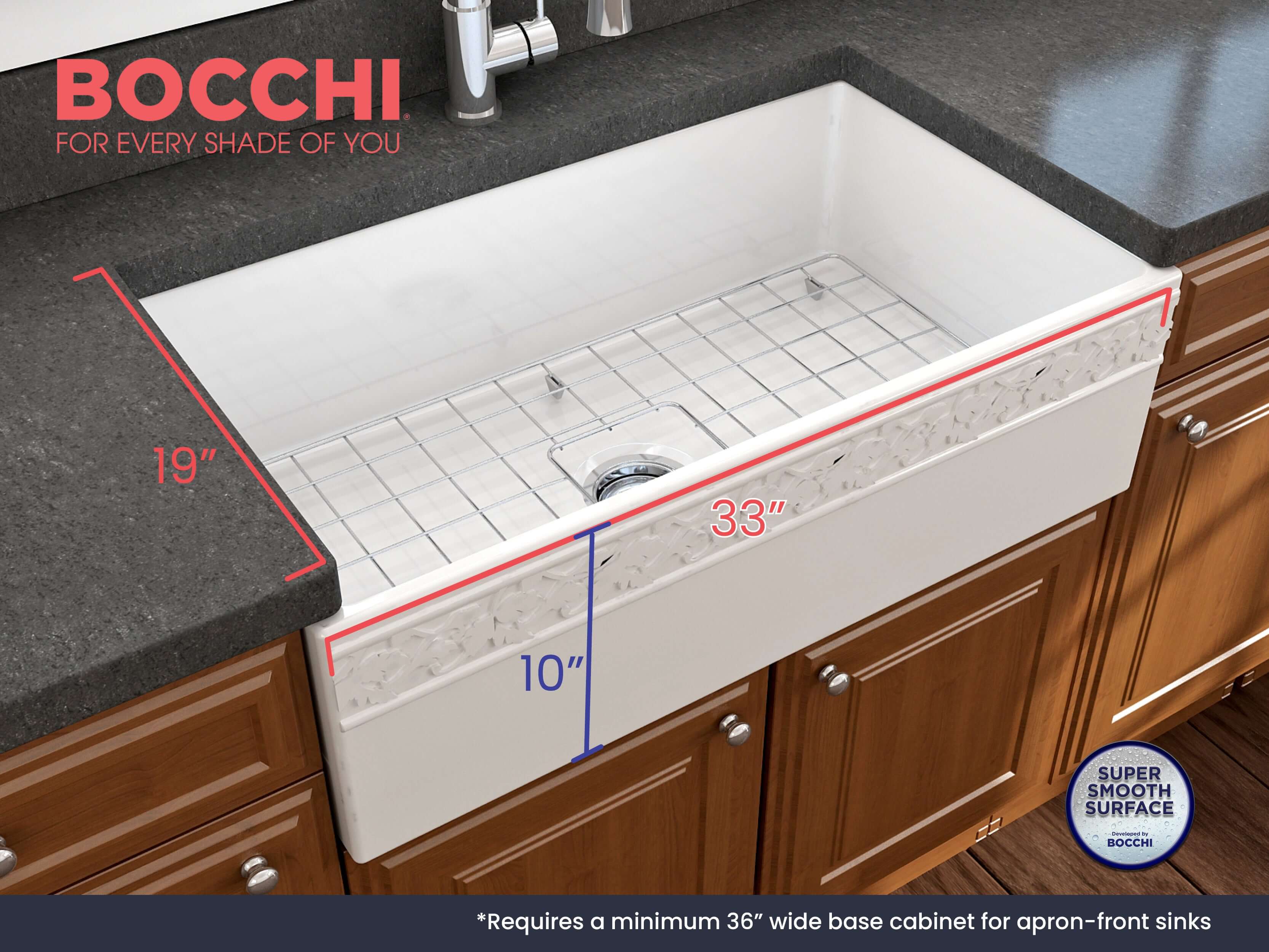 BOCCHI Vigneto 33" Fireclay Farmhouse Apron Single Bowl Kitchen Sink, White, 1353-001-0120