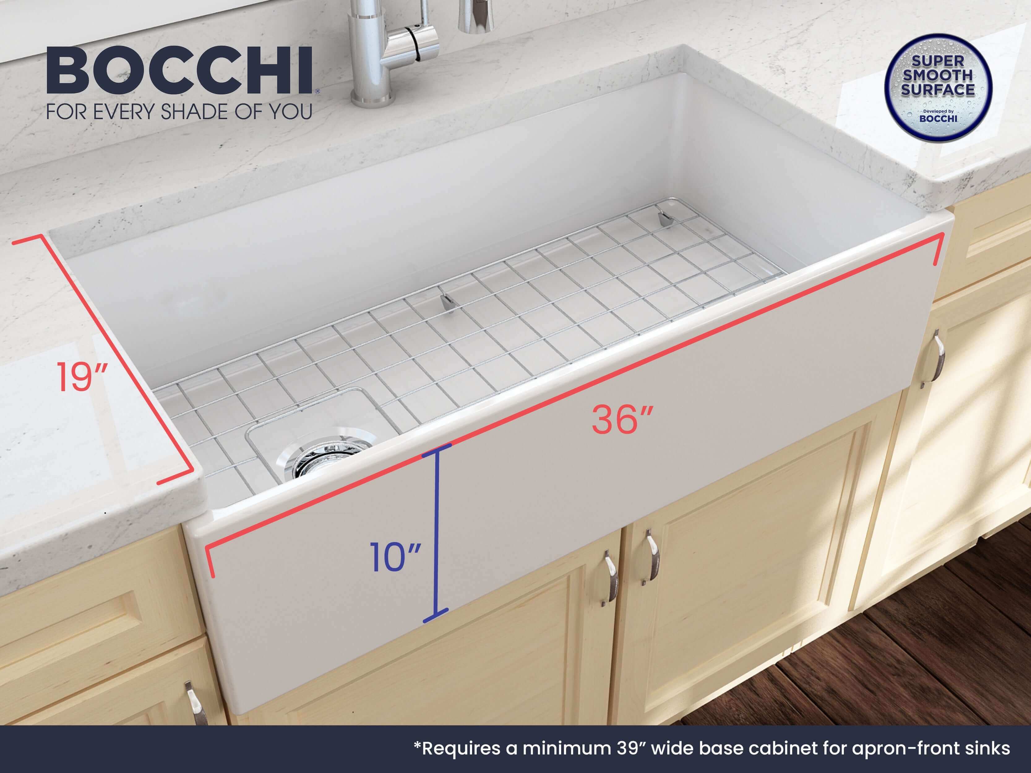 BOCCHI Contempo 36" Fireclay Farmhouse Sink Kit with Faucet and Accessories, White (sink) / Chrome (faucet), 1354-001-2020CH