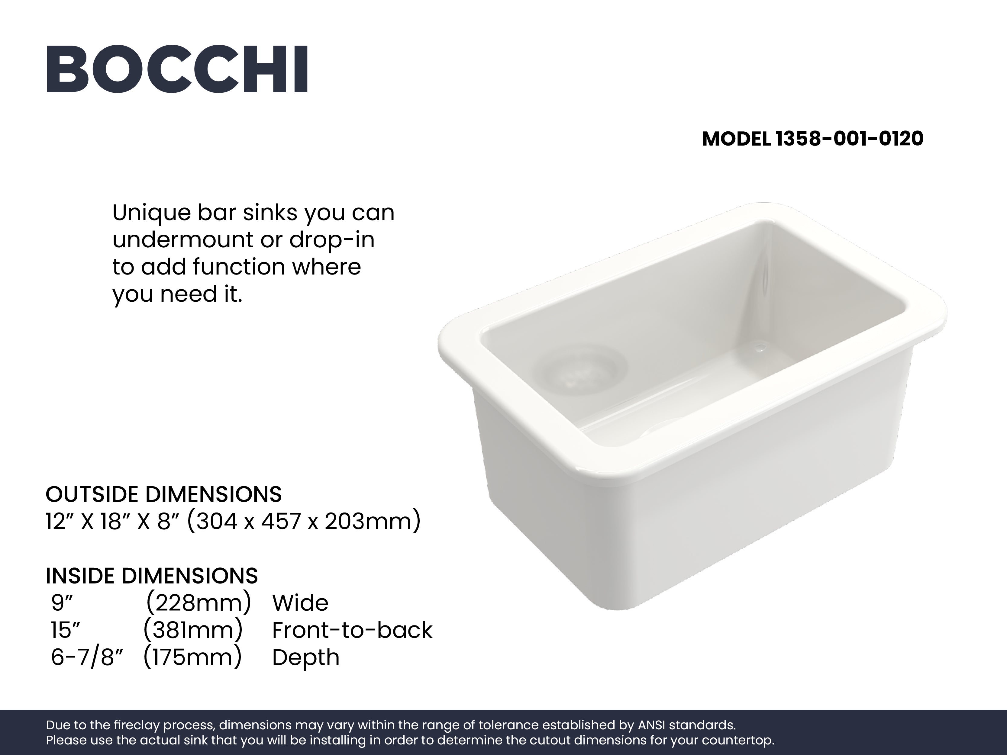 BOCCHI Sotto 12" Fireclay Undermount Single Bowl Bar Sink with Strainer, White, 1358-001-0120