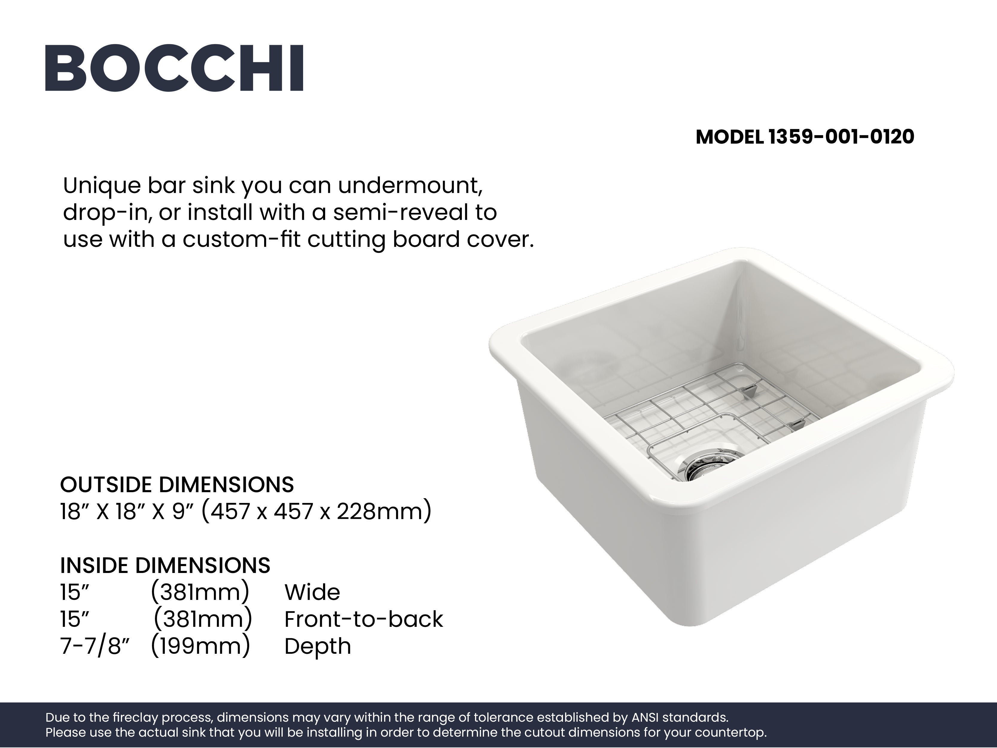 BOCCHI Sotto 18" Fireclay Undermount Single Bowl Bar Sink with Protective Bottom Grid and Strainer, White, 1359-001-0120