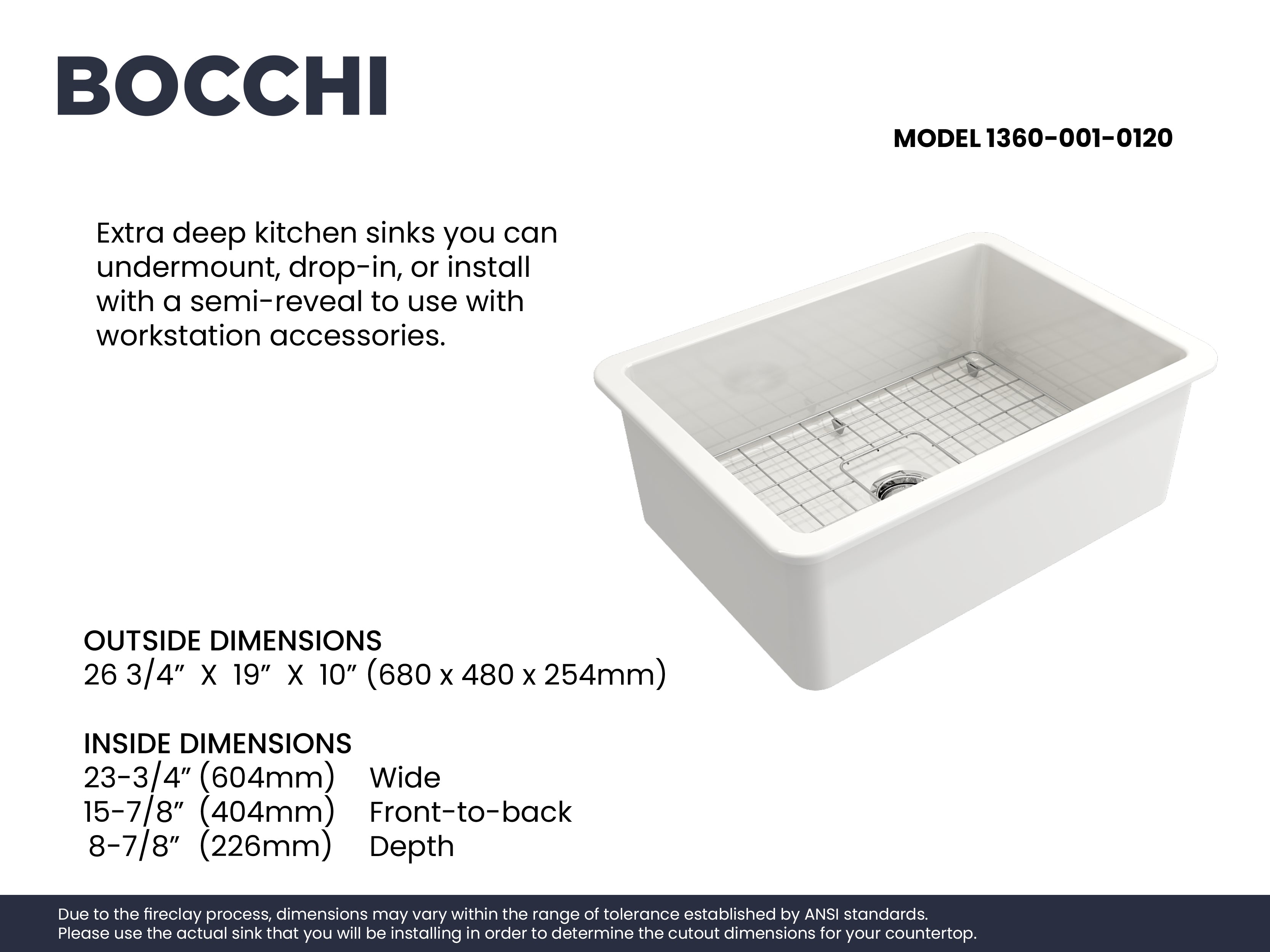 BOCCHI Sotto 27" Fireclay Dual Mount Single Bowl Kitchen Sink Kit with Accessories, White, 1360-001-KIT1