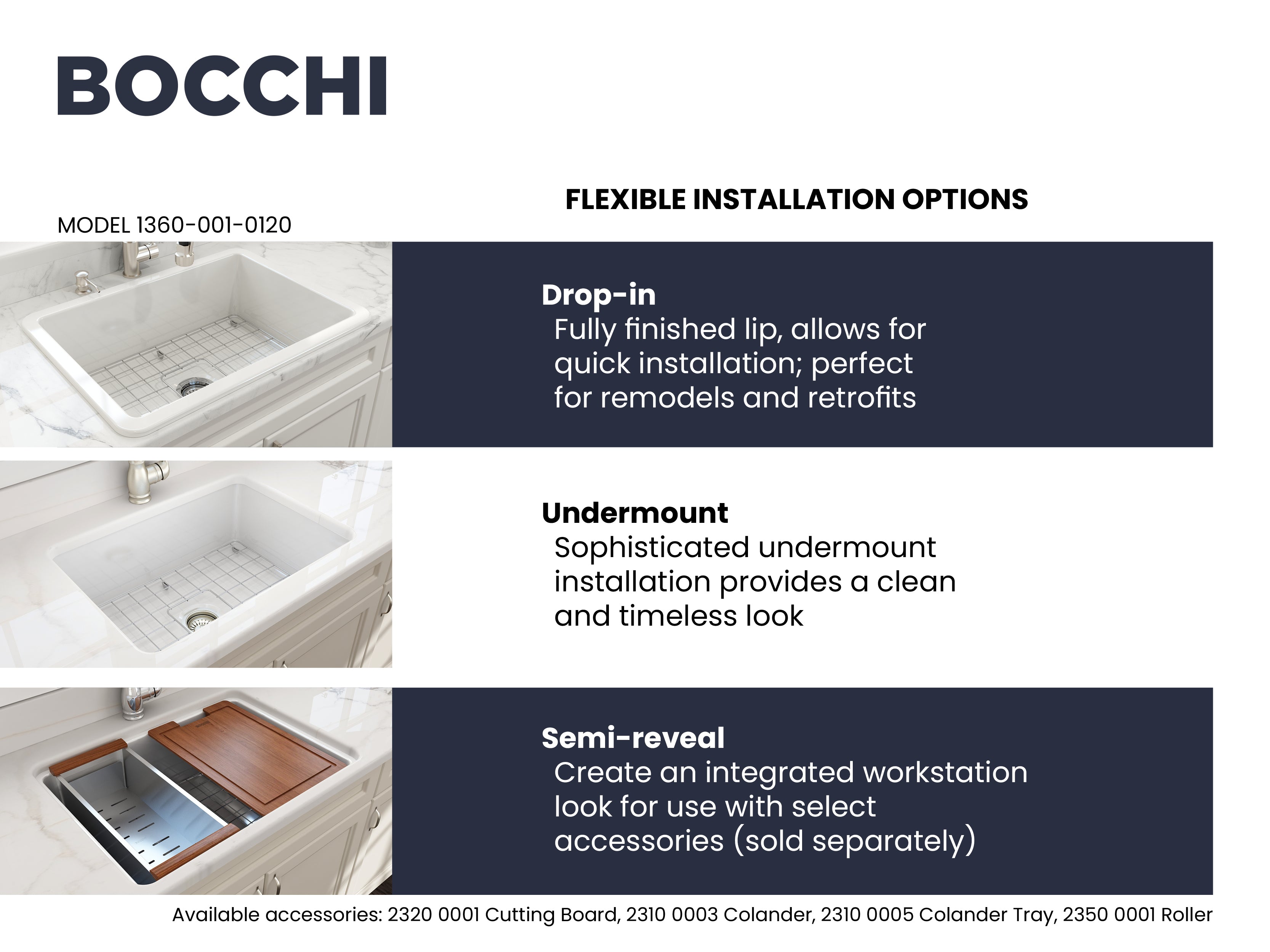 BOCCHI Sotto 27" Fireclay Dual Mount Single Bowl Kitchen Sink Kit with Accessories, White, 1360-001-KIT1