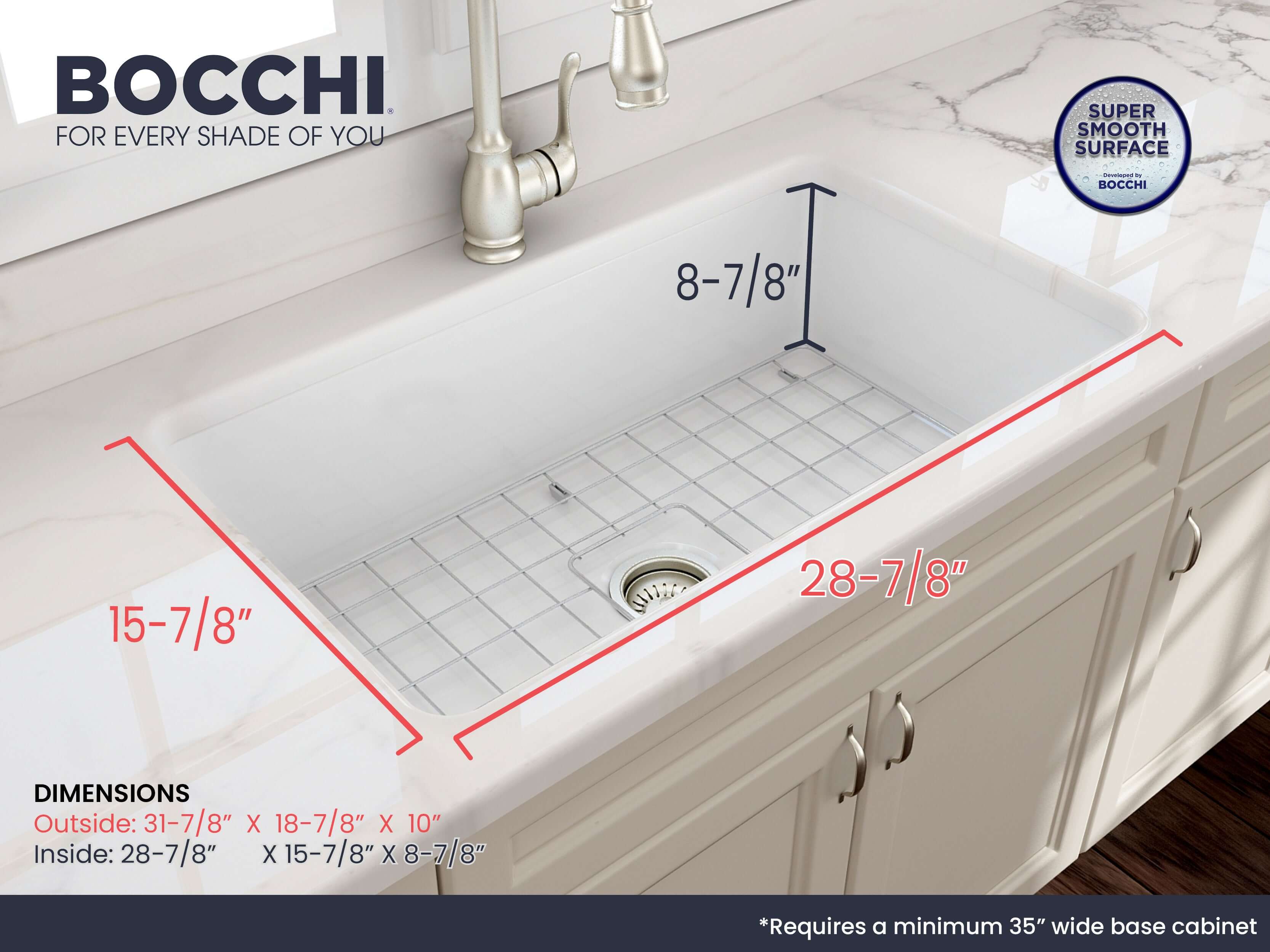 BOCCHI Sotto 32" Fireclay Undermount Single Bowl Kitchen Sink, White, 1362-001-0120
