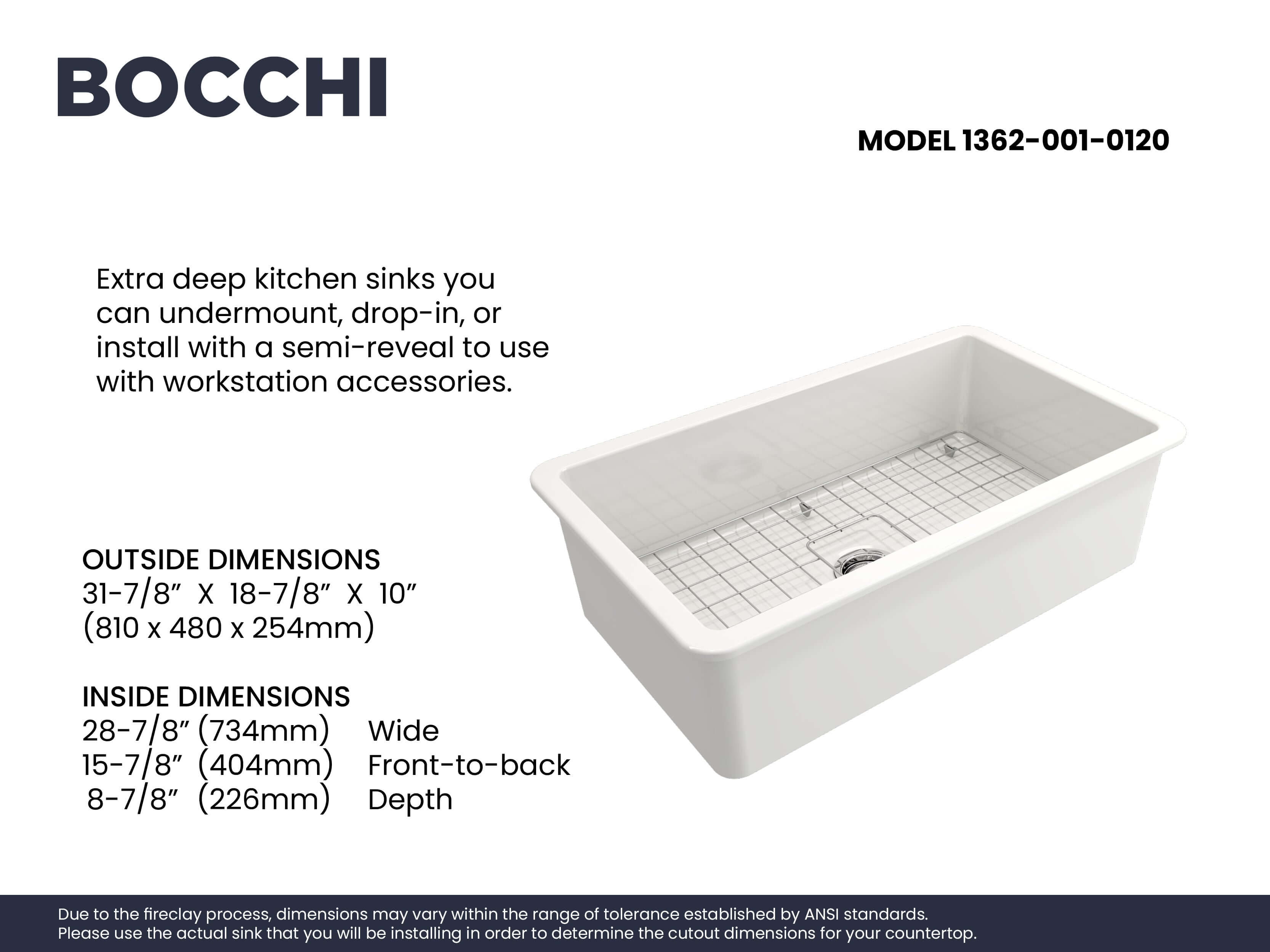 BOCCHI Sotto 32" Fireclay Undermount Single Bowl Kitchen Sink, White, 1362-001-0120