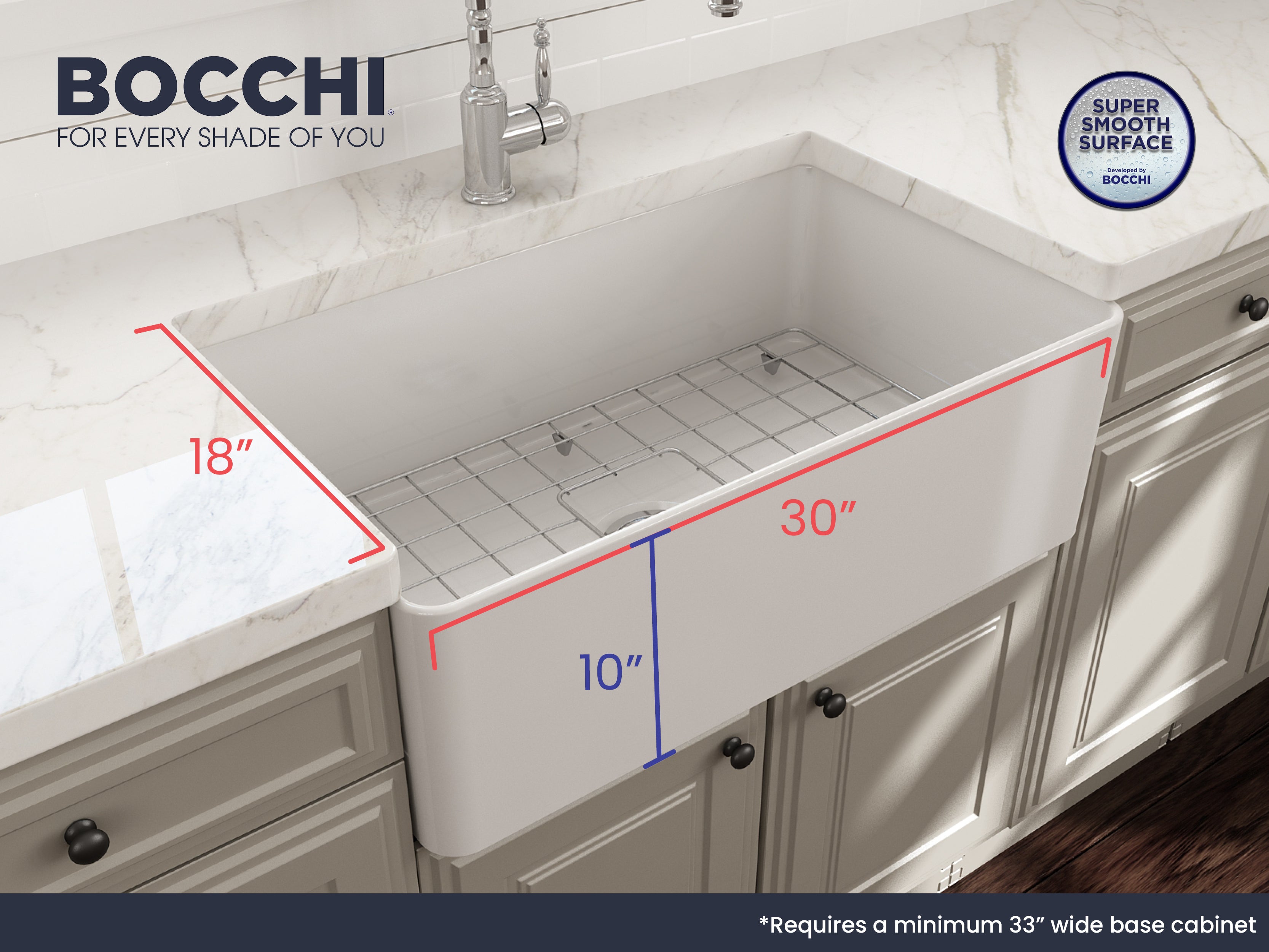 BOCCHI Aderci Ultra-Slim 30" Fireclay Farmhouse Sink, White, 1481-001-0120