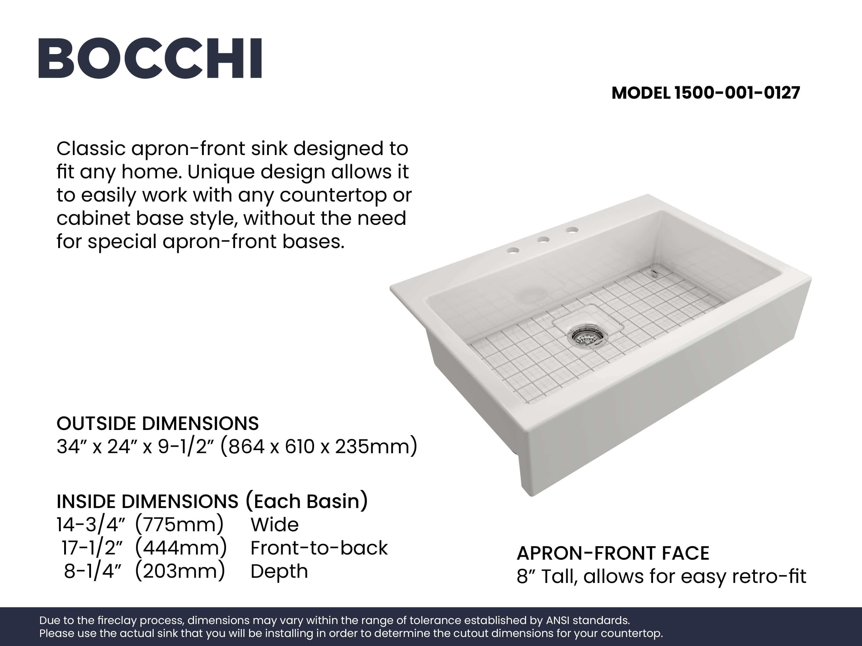 BOCCHI Nuova 34" Fireclay Retrofit Drop-In Farmhouse Sink with Accessories, White, 1500-001-0127