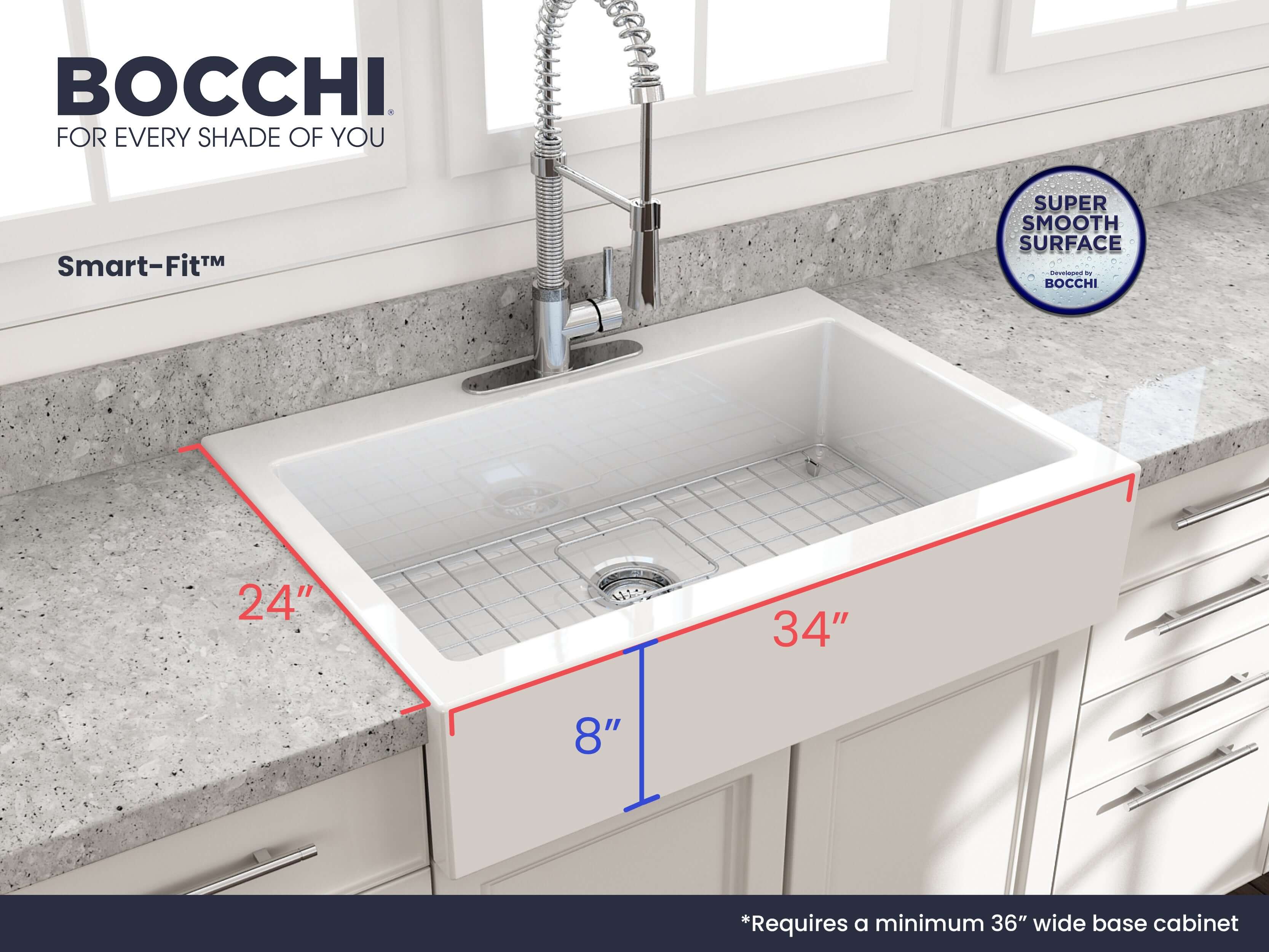 BOCCHI Nuova 34" Fireclay Retrofit Drop-In Farmhouse Sink with Accessories, White, 1500-001-0127