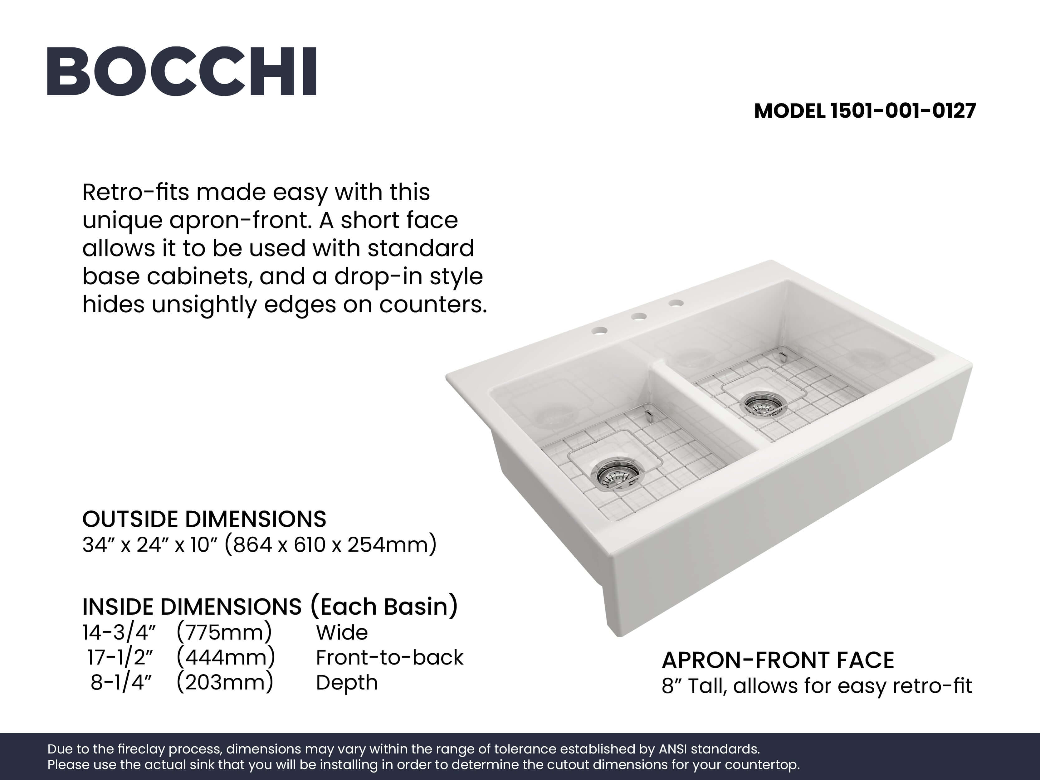 BOCCHI Nuova 34" Fireclay Retrofit Drop-In Farmhouse Sink with Accessories, 50/50 Double Bowl, White, 1501-001-0127