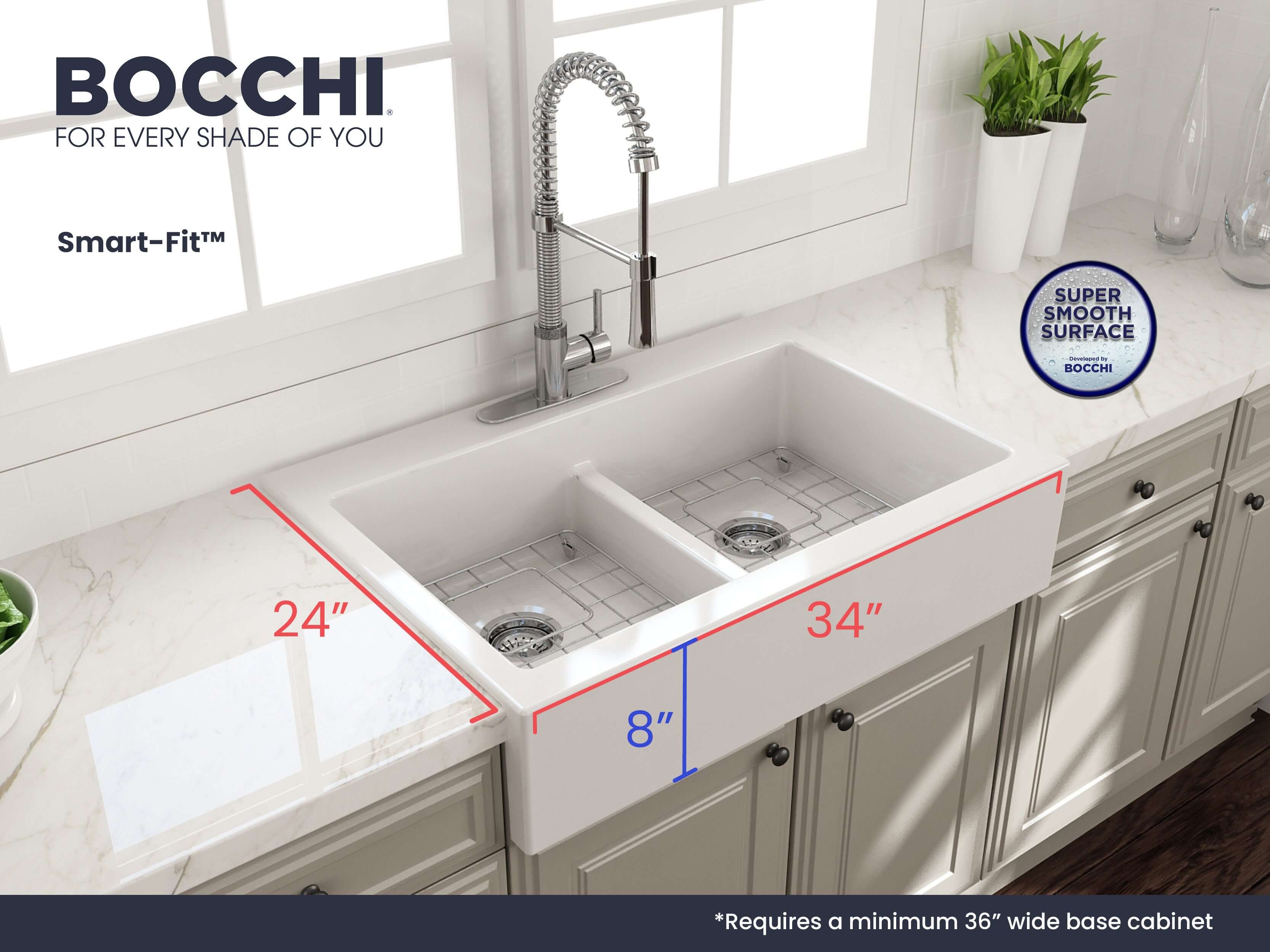 BOCCHI Nuova 34" Fireclay Retrofit Drop-In Farmhouse Sink with Accessories, 50/50 Double Bowl, White, 1501-001-0127