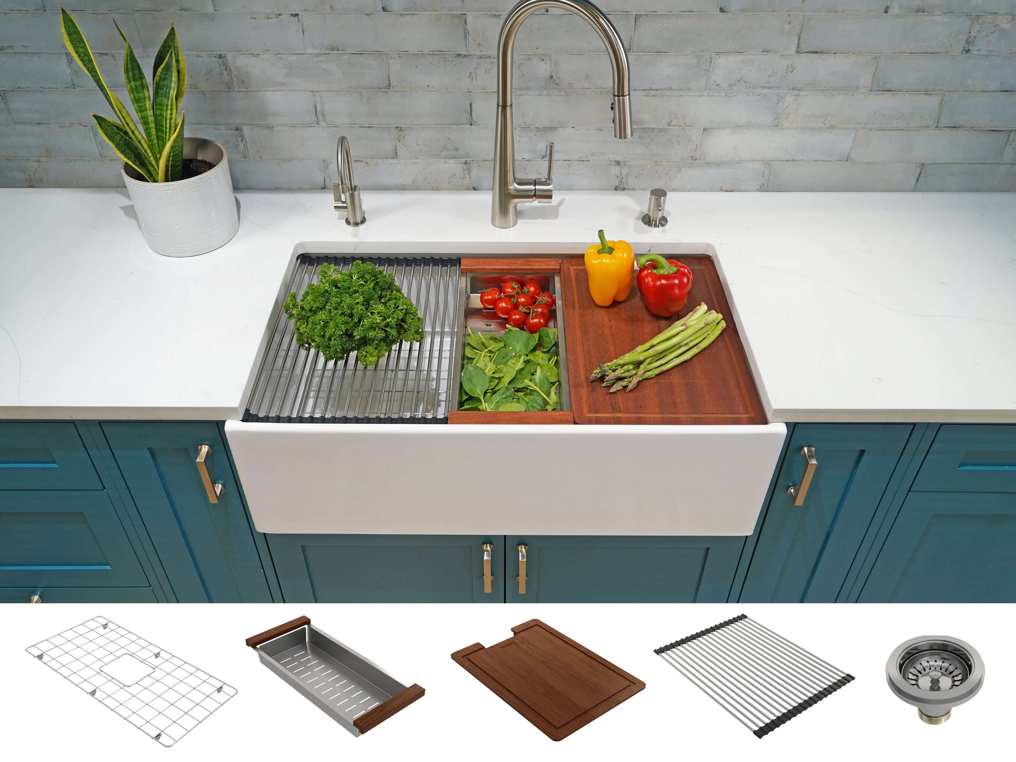 BOCCHI Contempo 33" Fireclay Workstation Farmhouse Sink with Accessories, White, 1504-001-0120