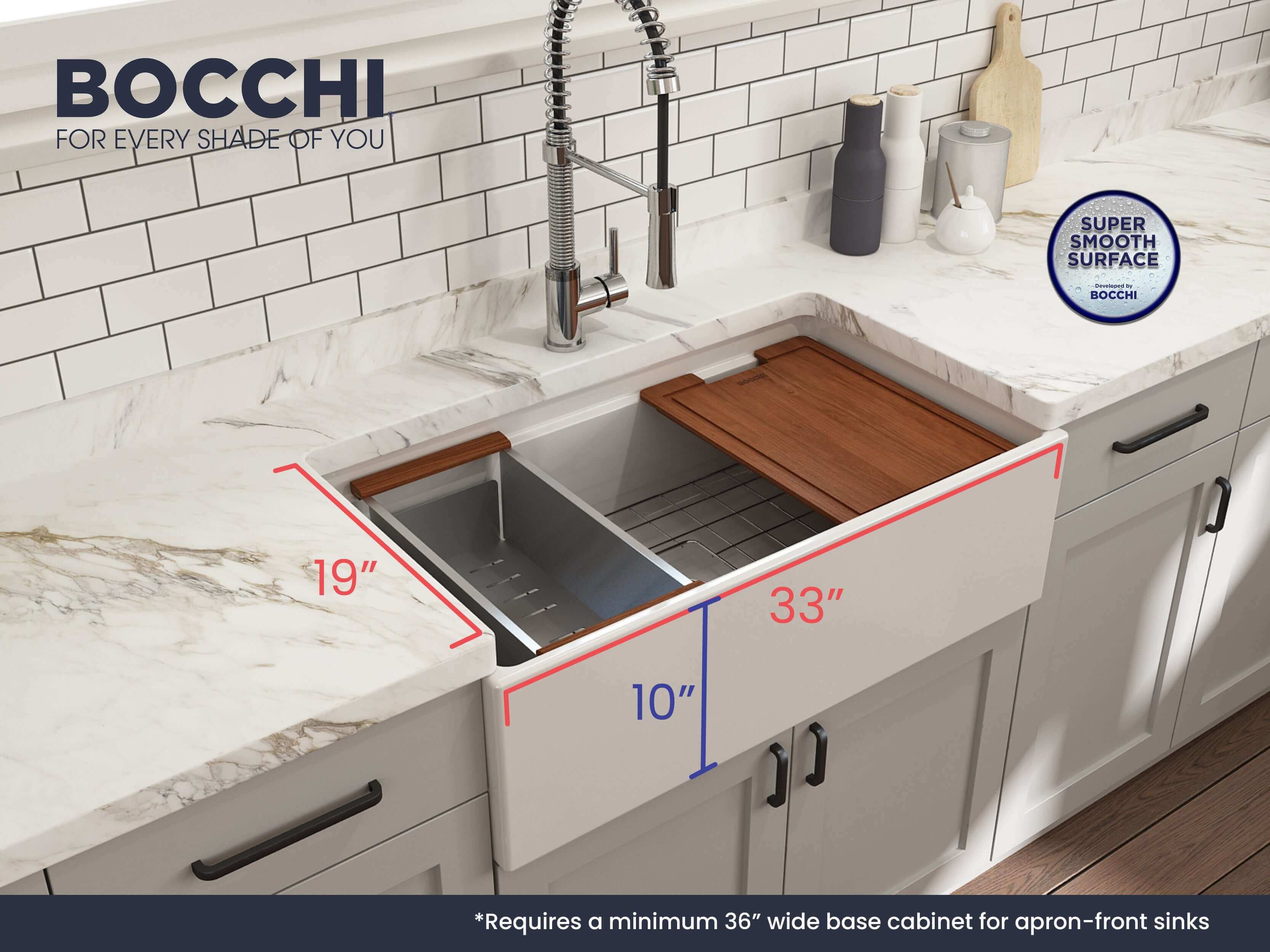 BOCCHI Contempo 33" Fireclay Workstation Farmhouse Sink Kit with Faucet and Accessories, White (sink) / Chrome (faucet), 1504-001-2020CH