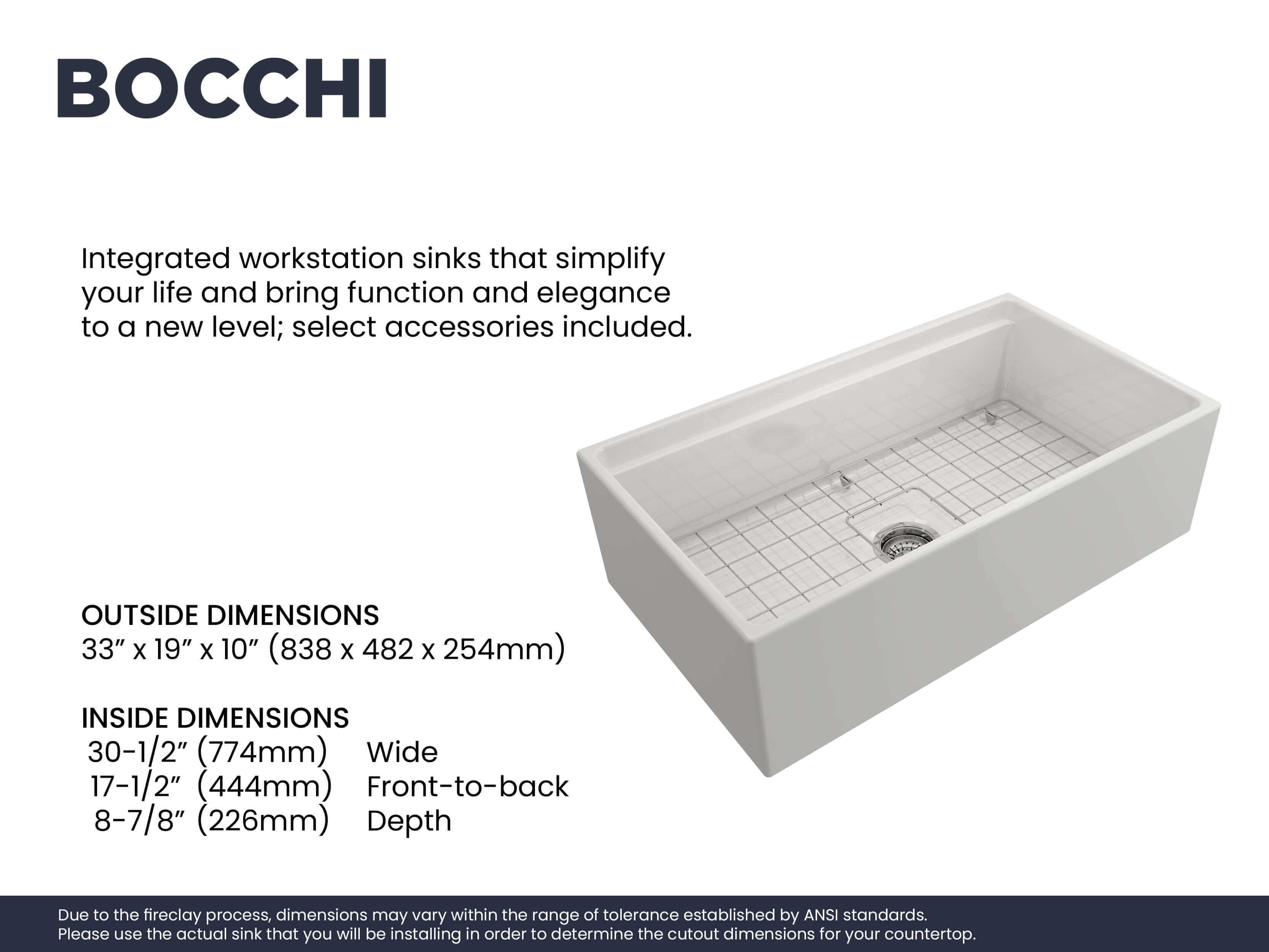 BOCCHI Contempo 33" Fireclay Workstation Farmhouse Sink Kit with Faucet and Accessories, White (sink) / Chrome (faucet), 1504-001-2020CH