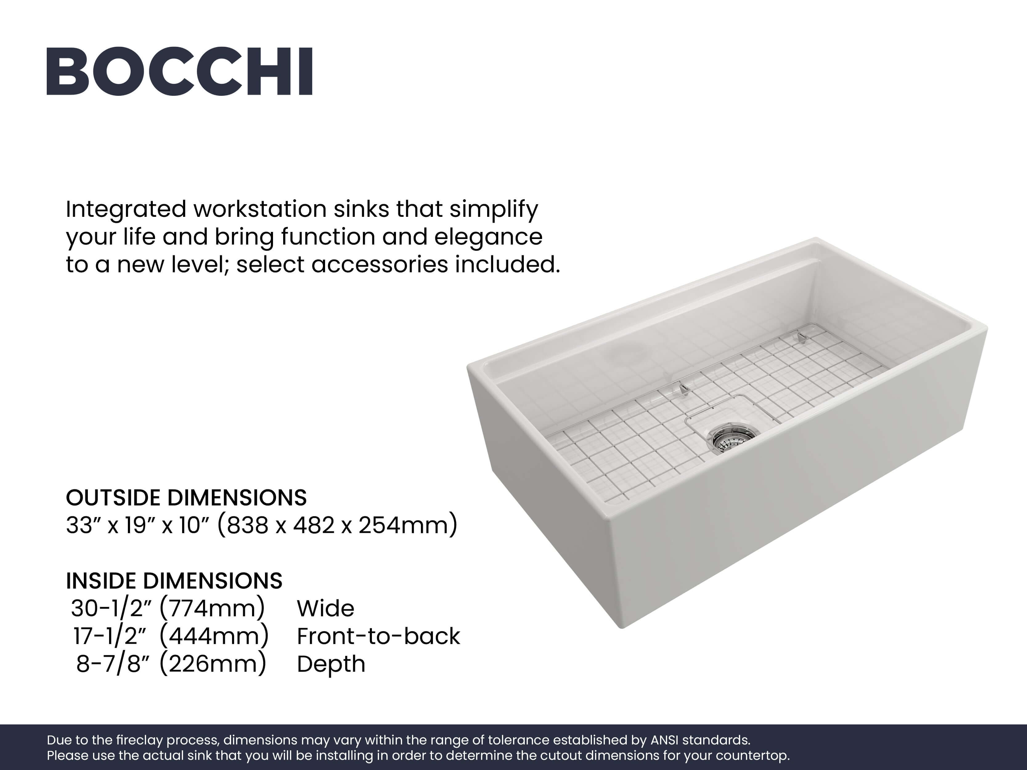 BOCCHI Contempo 33" Fireclay Workstation Farmhouse Sink with Accessories, White, 1504-001-0120