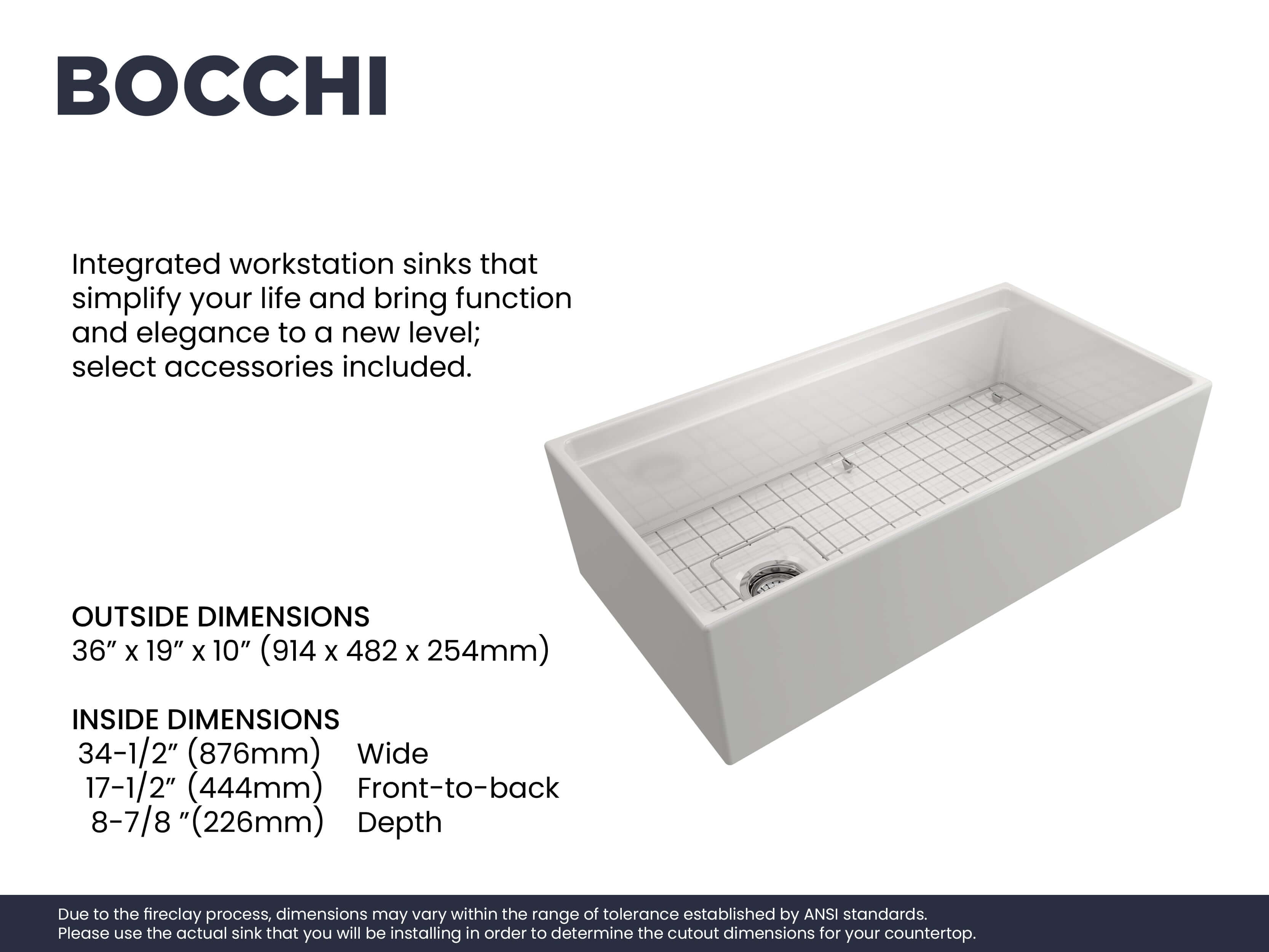 BOCCHI Contempo 36" Fireclay Workstation Farmhouse Sink with Accessories, White, 1505-001-0120