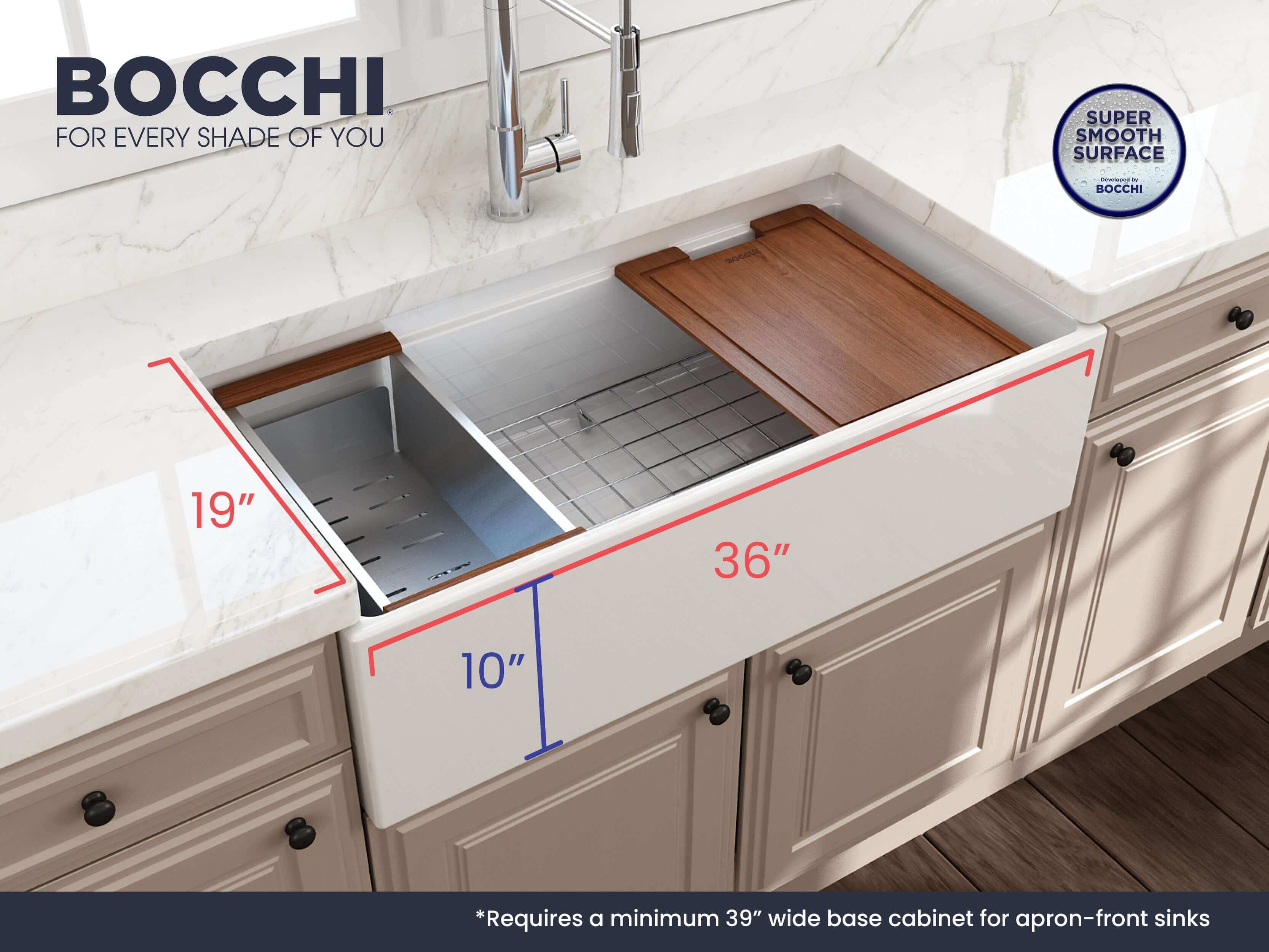 BOCCHI Contempo 36" Fireclay Workstation Farmhouse Sink Kit with Faucet and Accessories, White (sink) / Stainless Steel (faucet), 1505-001-2020SS