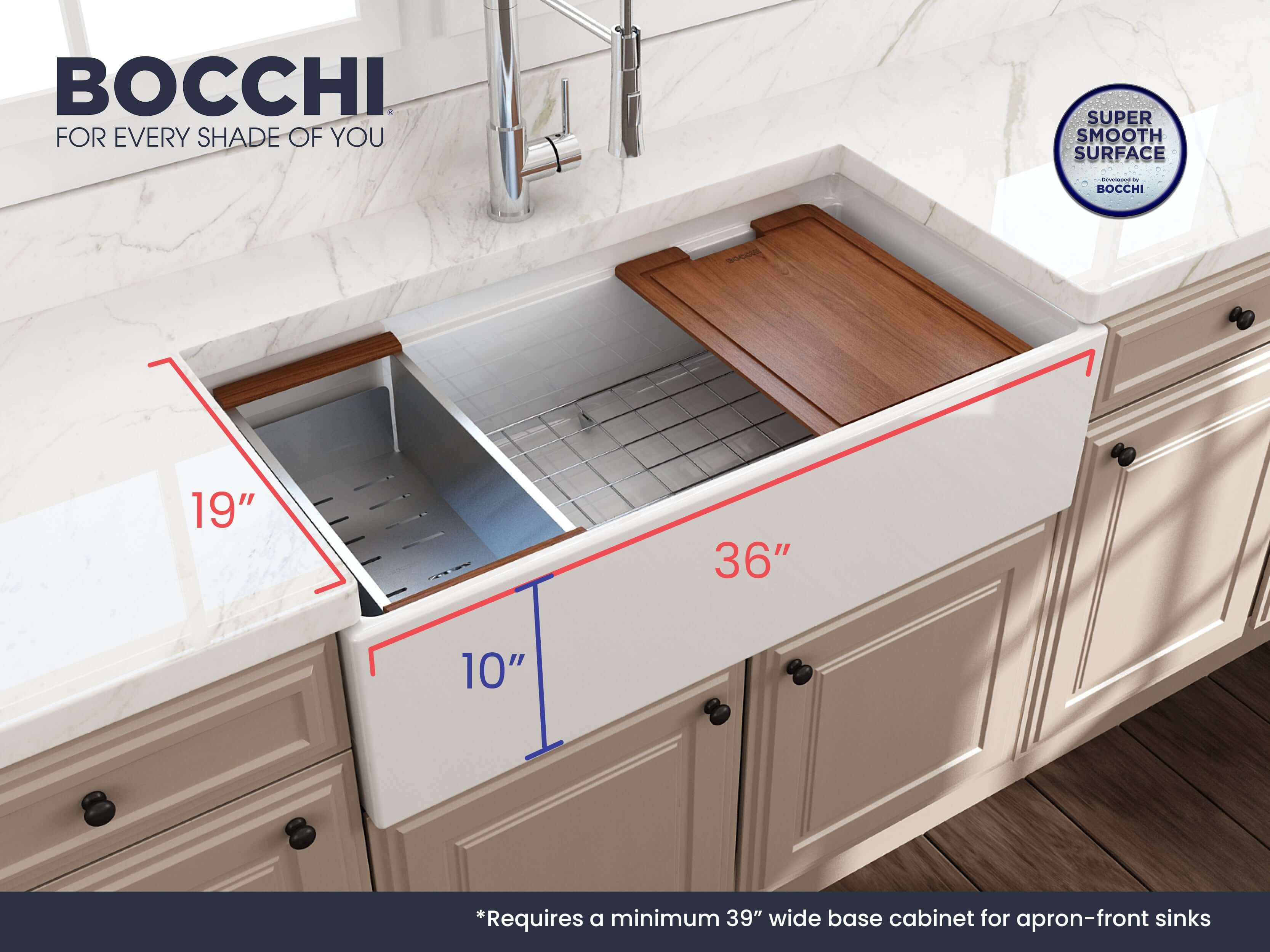 BOCCHI Contempo 36" Fireclay Workstation Farmhouse Sink with Accessories, White, 1505-001-0120
