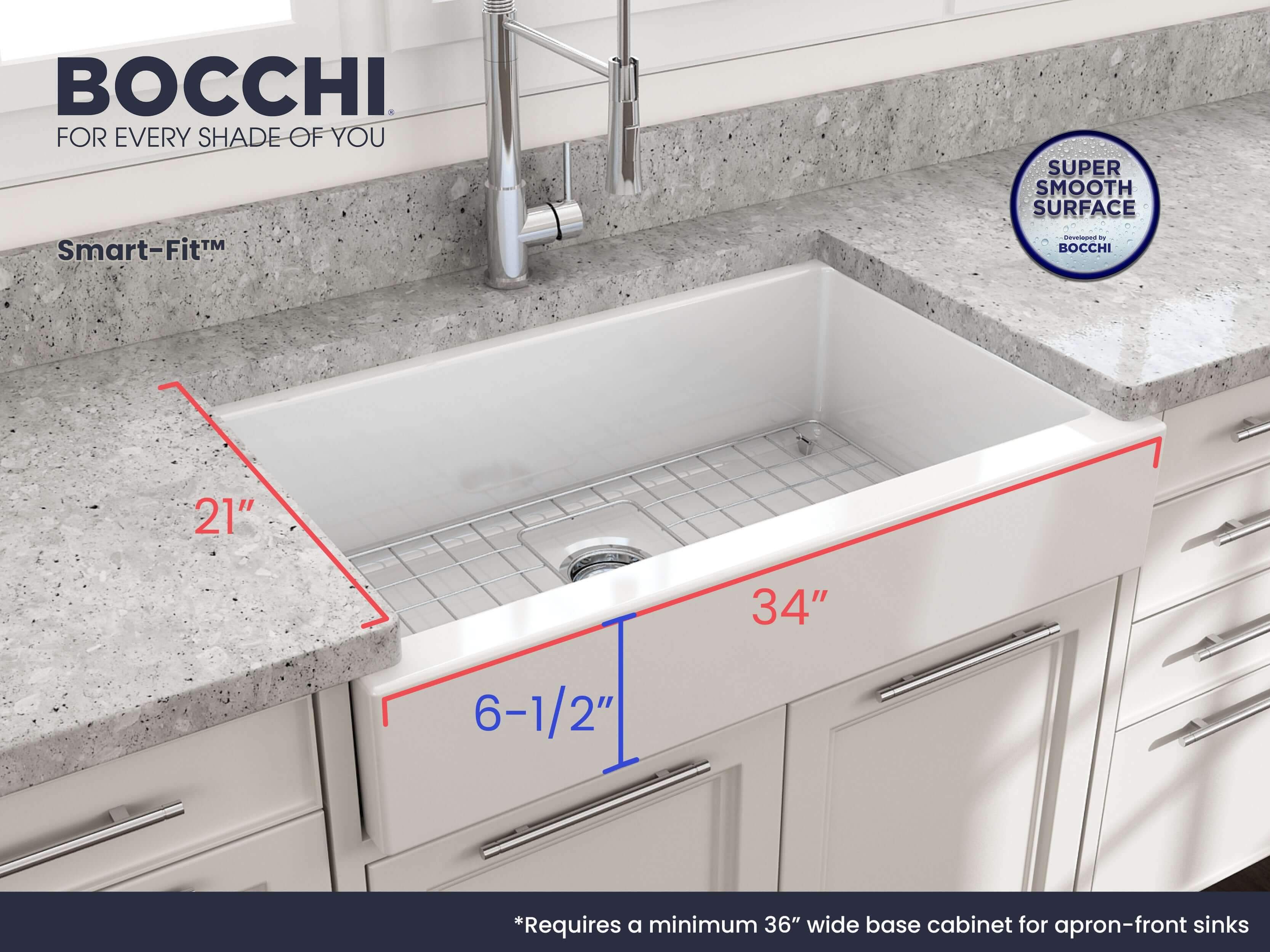 BOCCHI Nuova 34" Fireclay Retrofit Farmhouse Sink with Accessories, White, 1551-001-0120