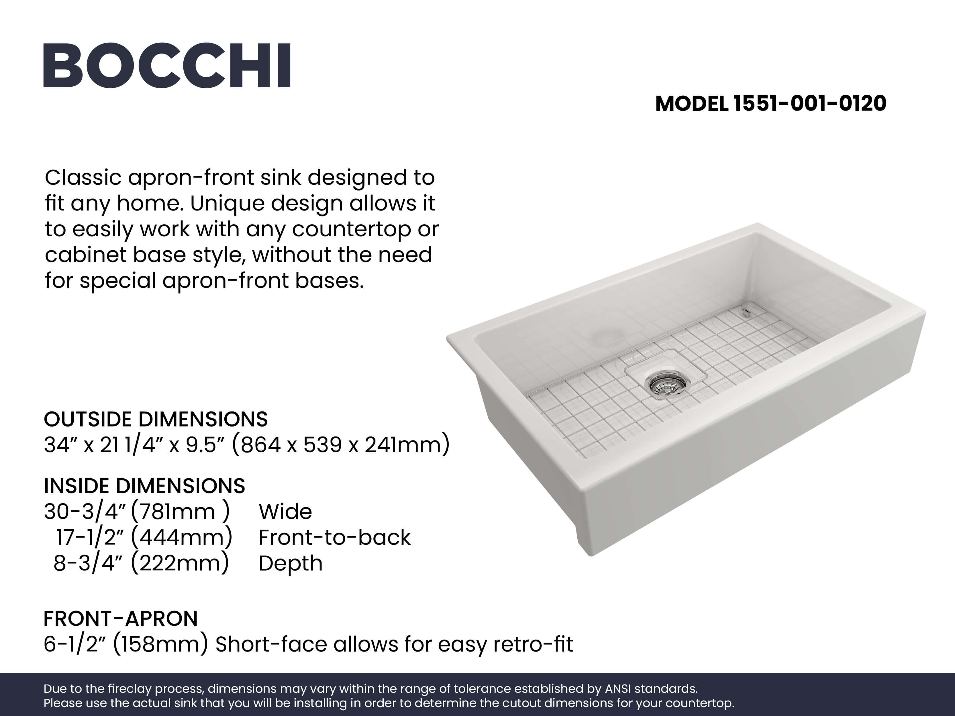 BOCCHI Nuova 34" Fireclay Retrofit Farmhouse Sink with Accessories, White, 1551-001-0120