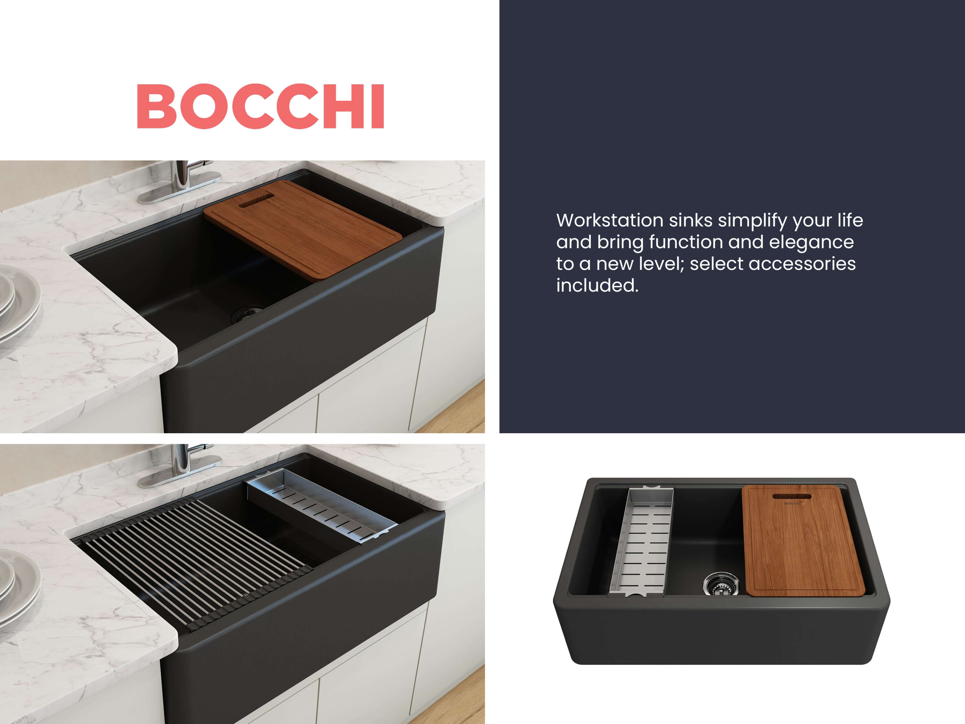 BOCCHI Arona 33" Granite Workstation Farmhouse Sink Kit with Faucet and Accessories, Matte Black (sink) / Stainless Steel (faucet), 1600-504-2020SS